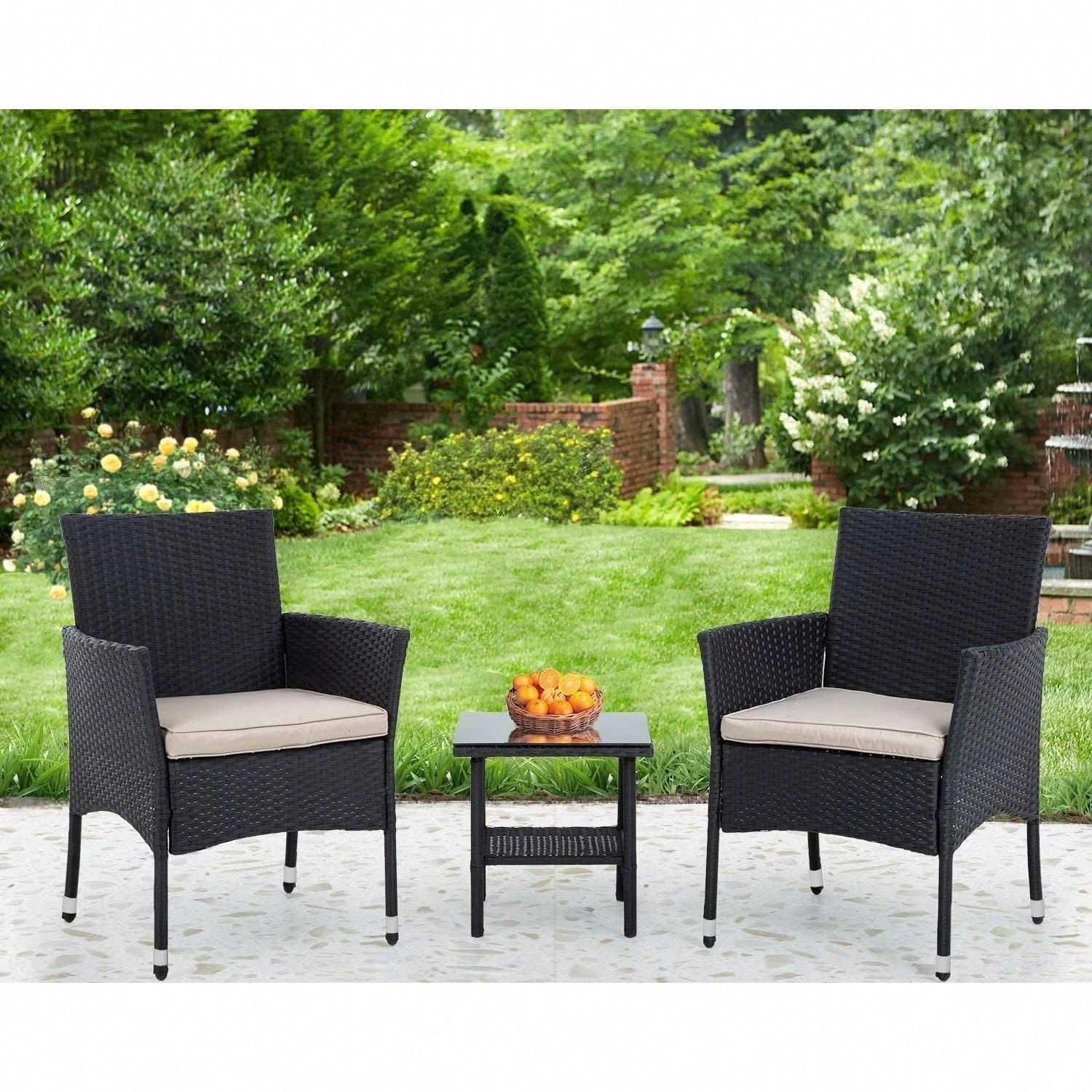 3 Piece Patio Bistro Set Wicker Rattan Outdoor Furniture Black For Backyard