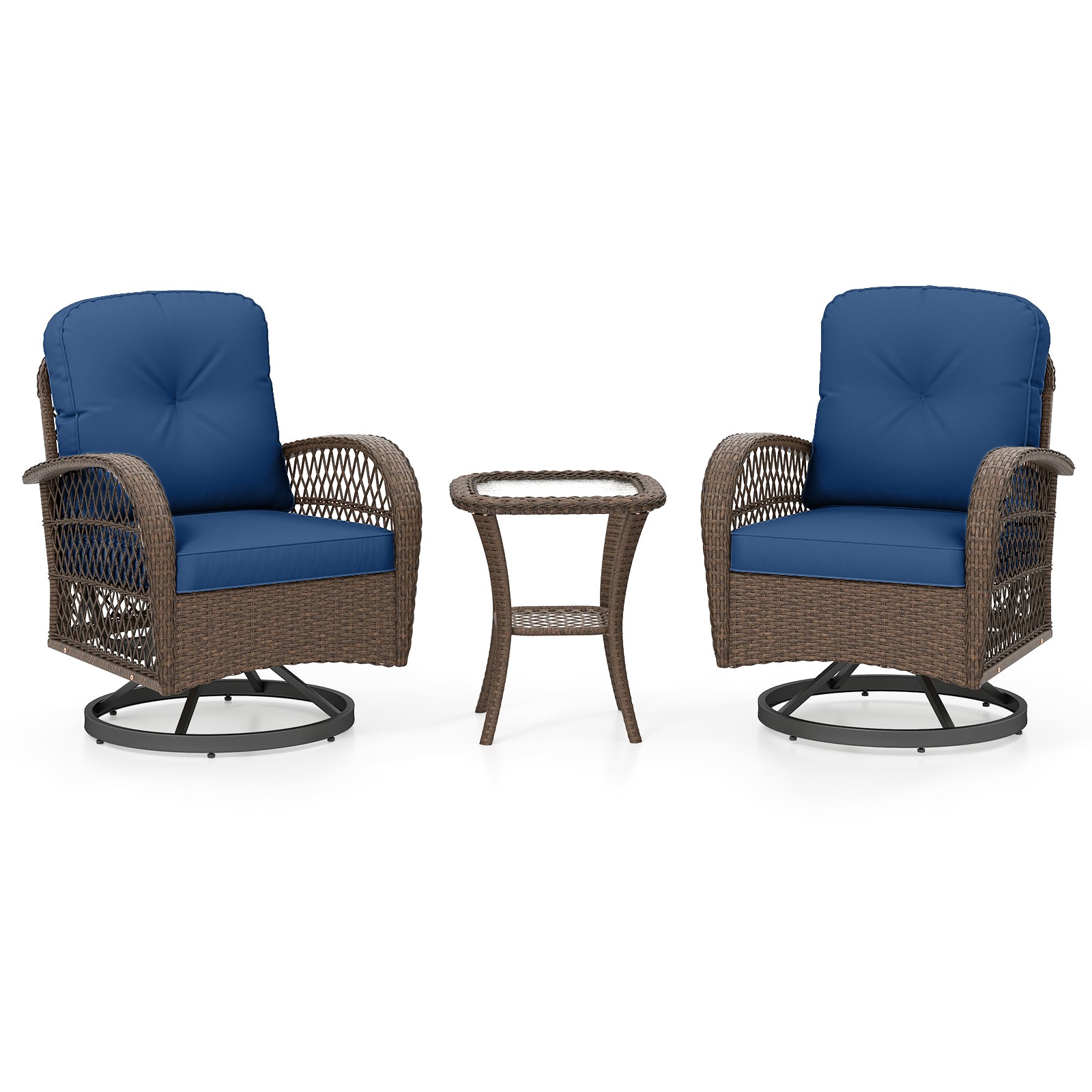 3PCS Patio Swivel Rocker Set Gliding Bistro Furniture Set w/Tempered Glass Table