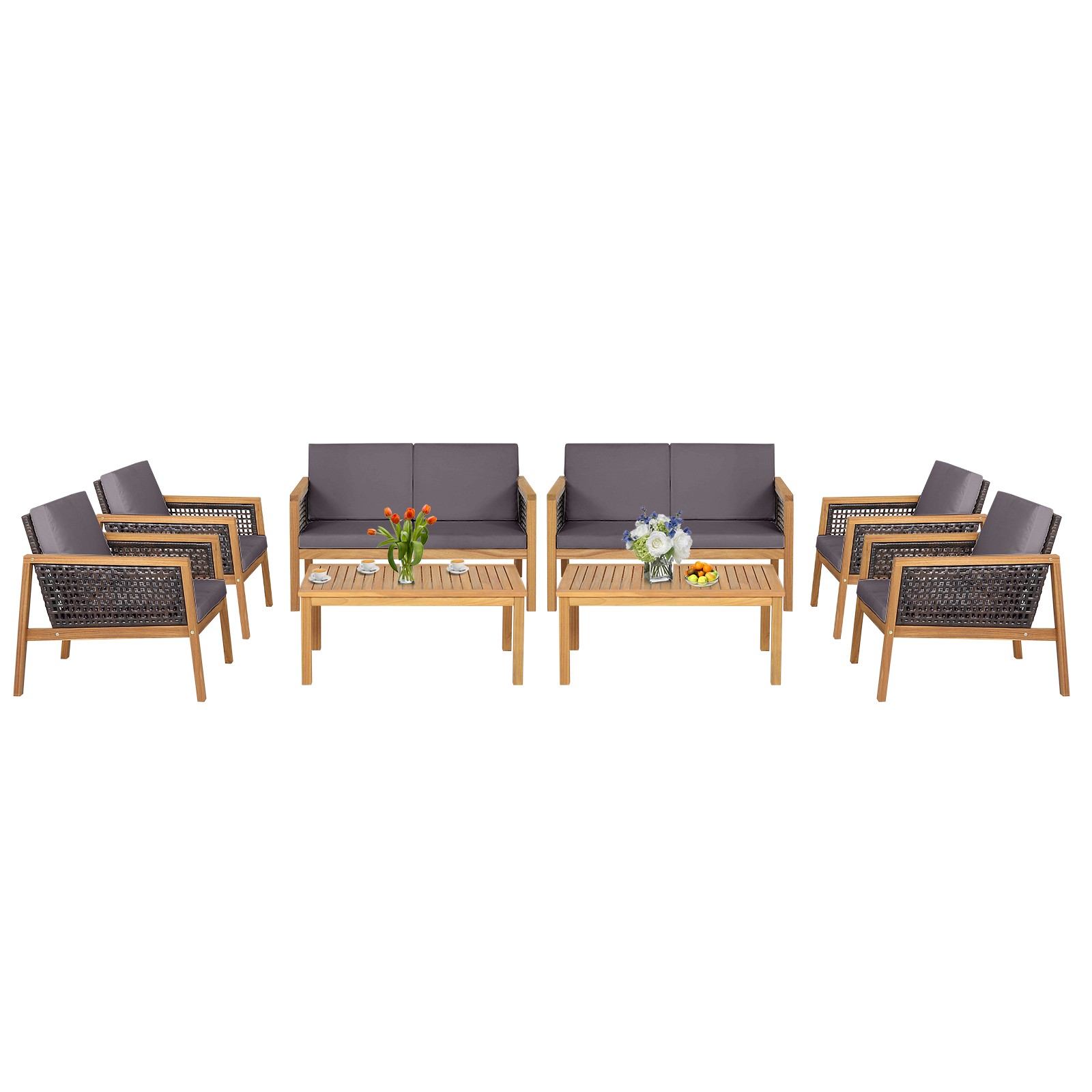 Patiojoy Patio 8PCS Rattan Furniture Set Acacia Wood Cushioned Sofa Gray