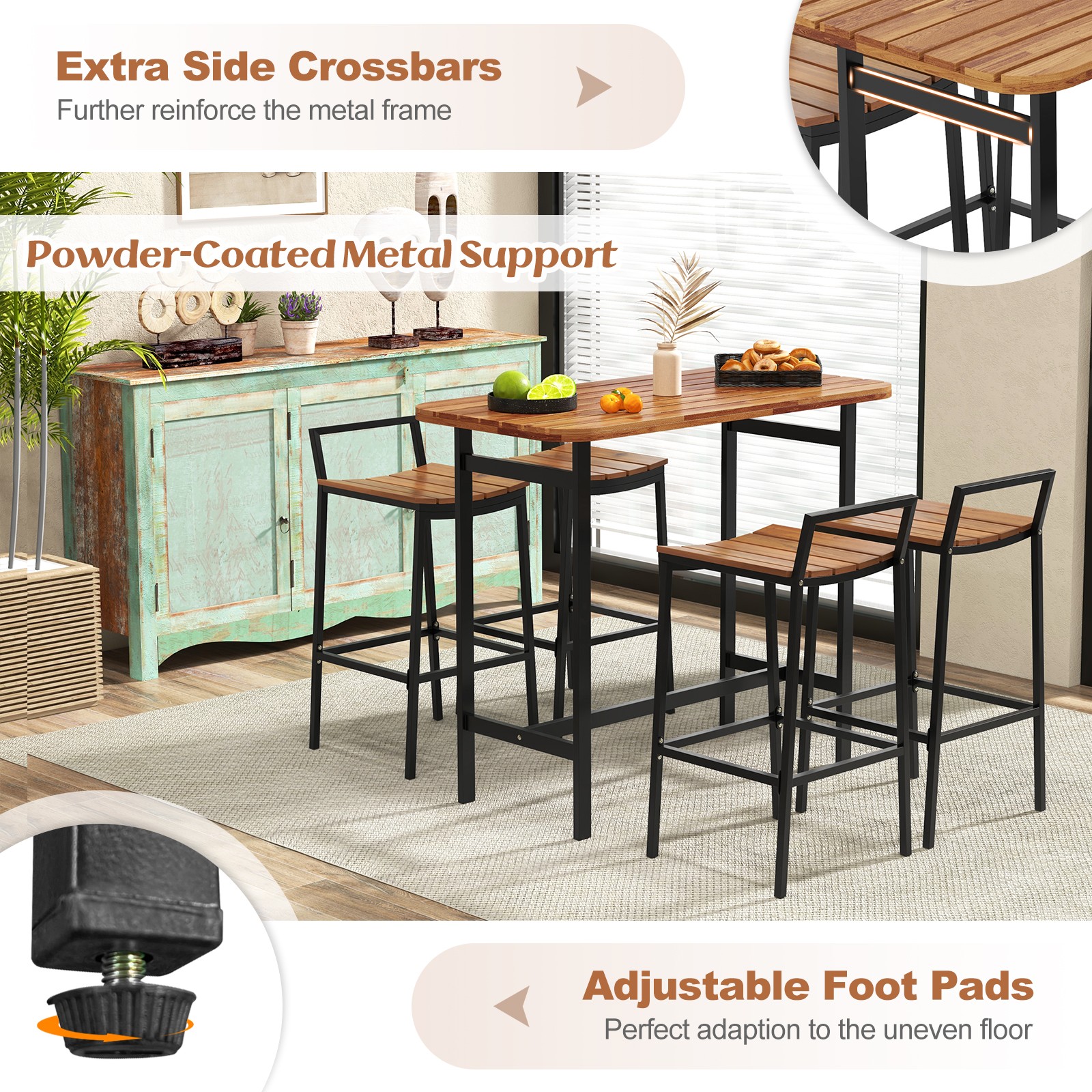 5 PCS Acacia Wood Bar Table Set Outdoor Bar Height Table & Chairs w/ Metal Frame