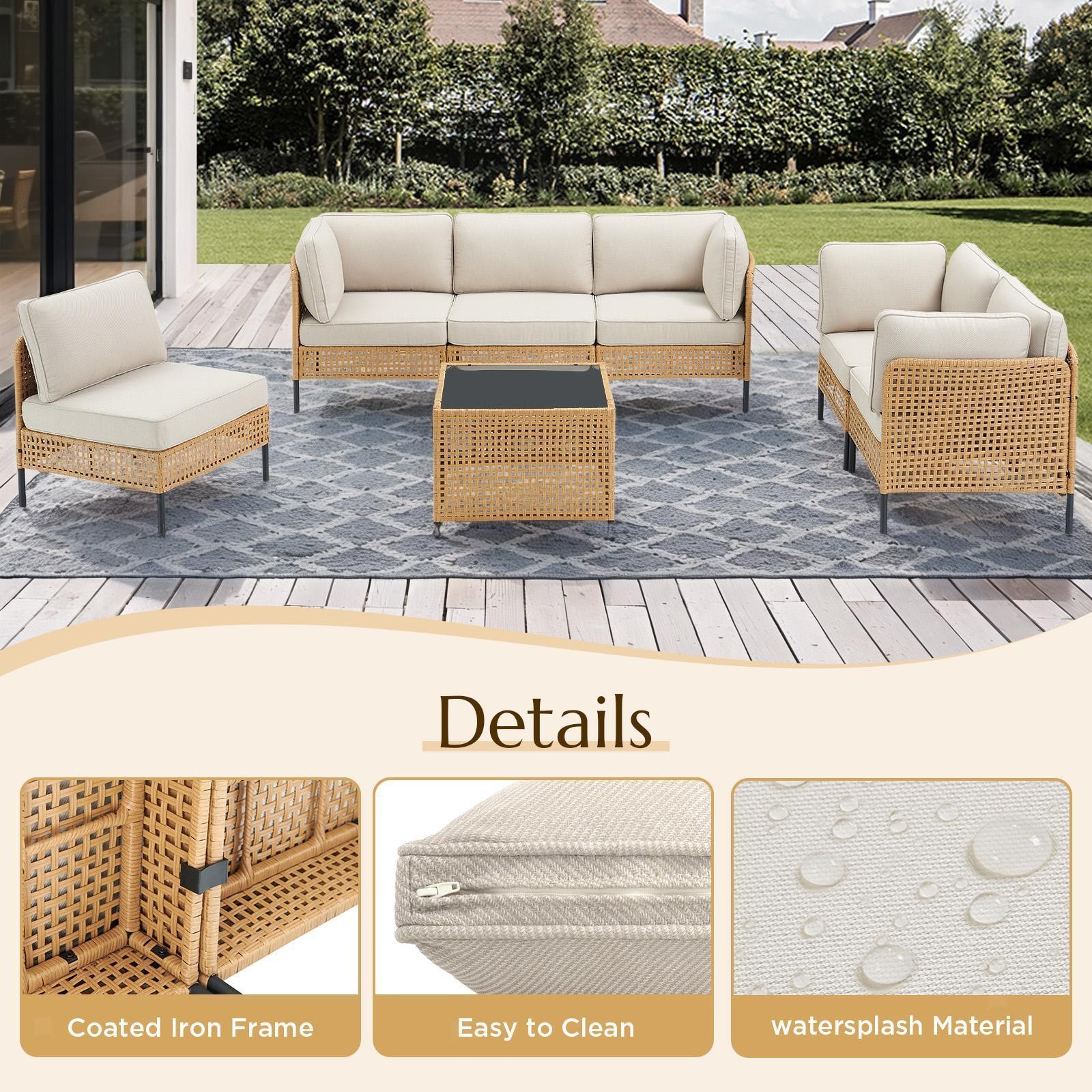 Outdoor Wicker Sofa Boho Patio Sectional Loveseat Furniture Set with Beige