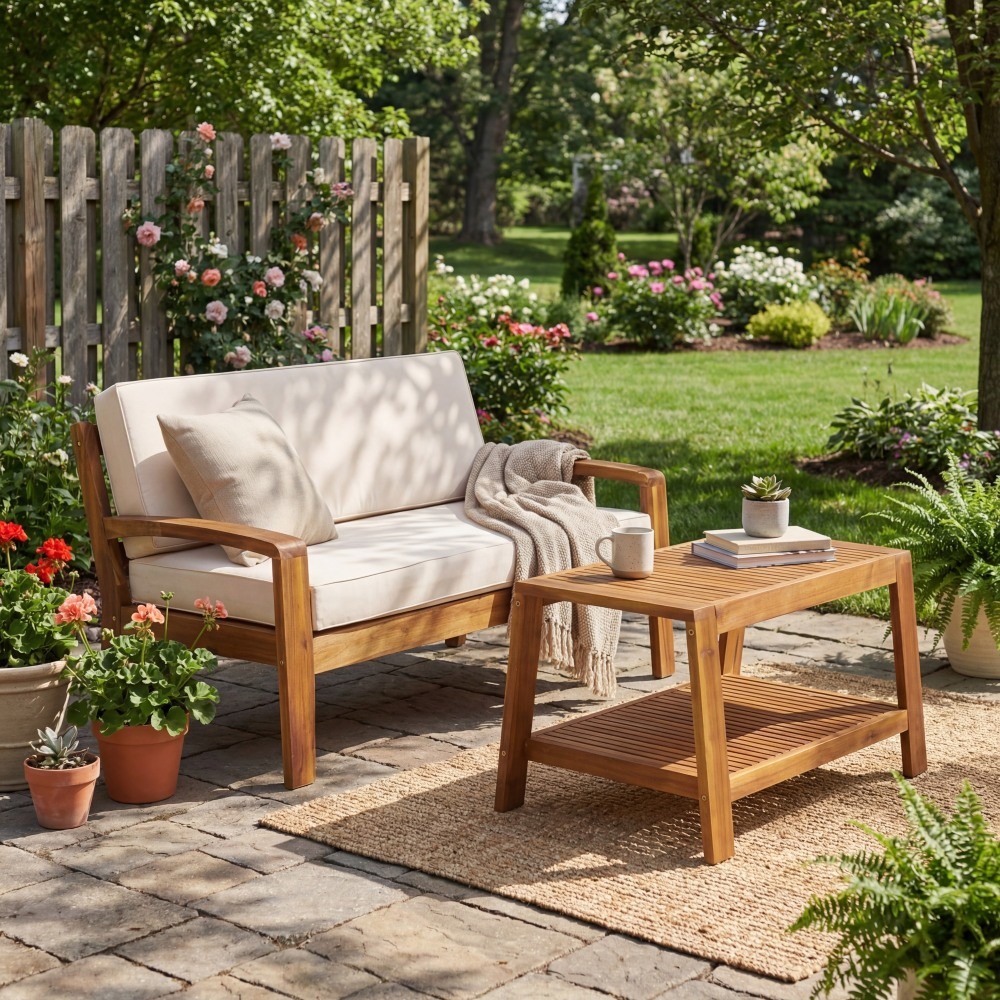 2 Piece Outdoor Teak Acacia Wood Conversation Set Loveseat Coffee Table Backyard