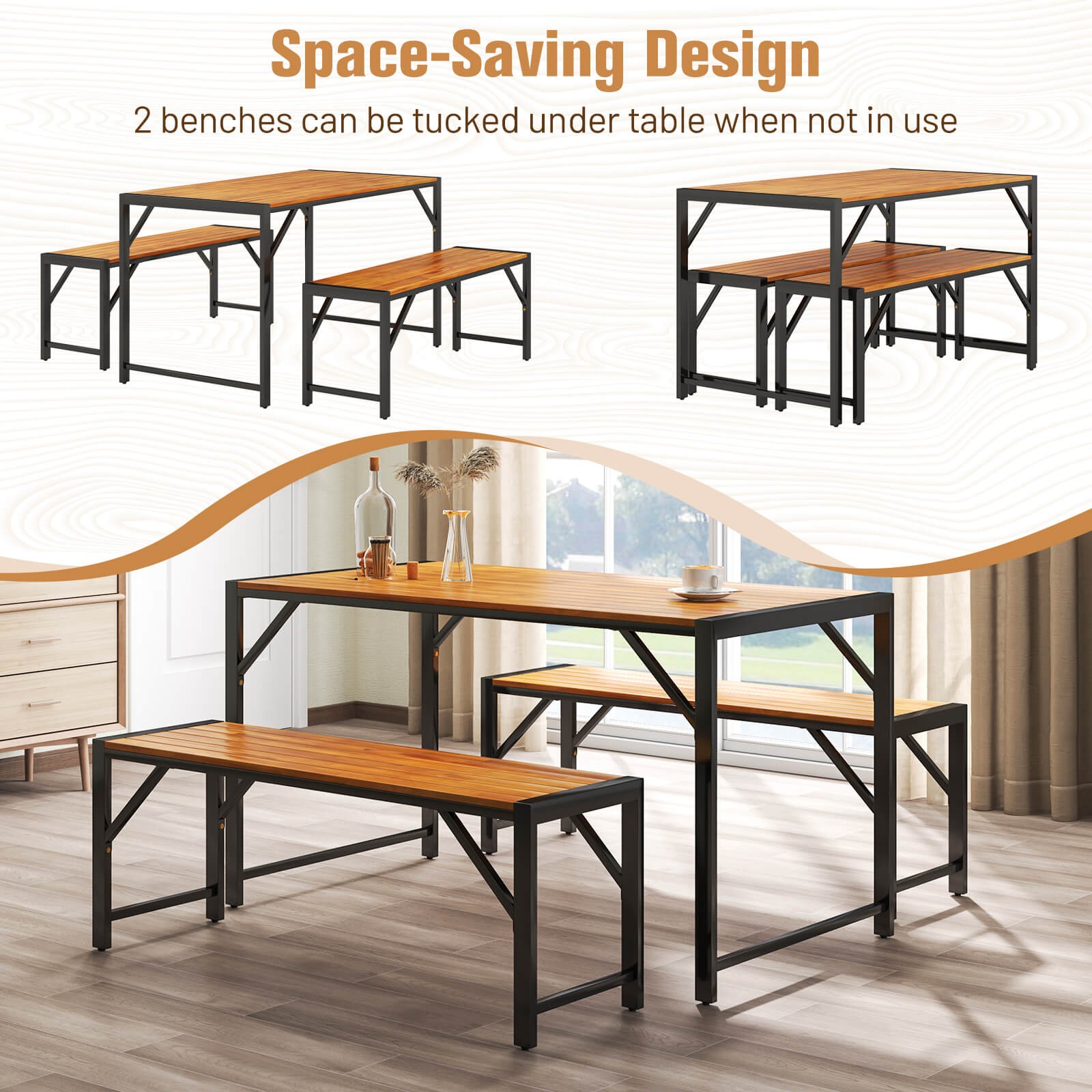 3 PCS Patio Dining Set for 6 People 53″ Acacia Wood Picnic Table & 2 Benches