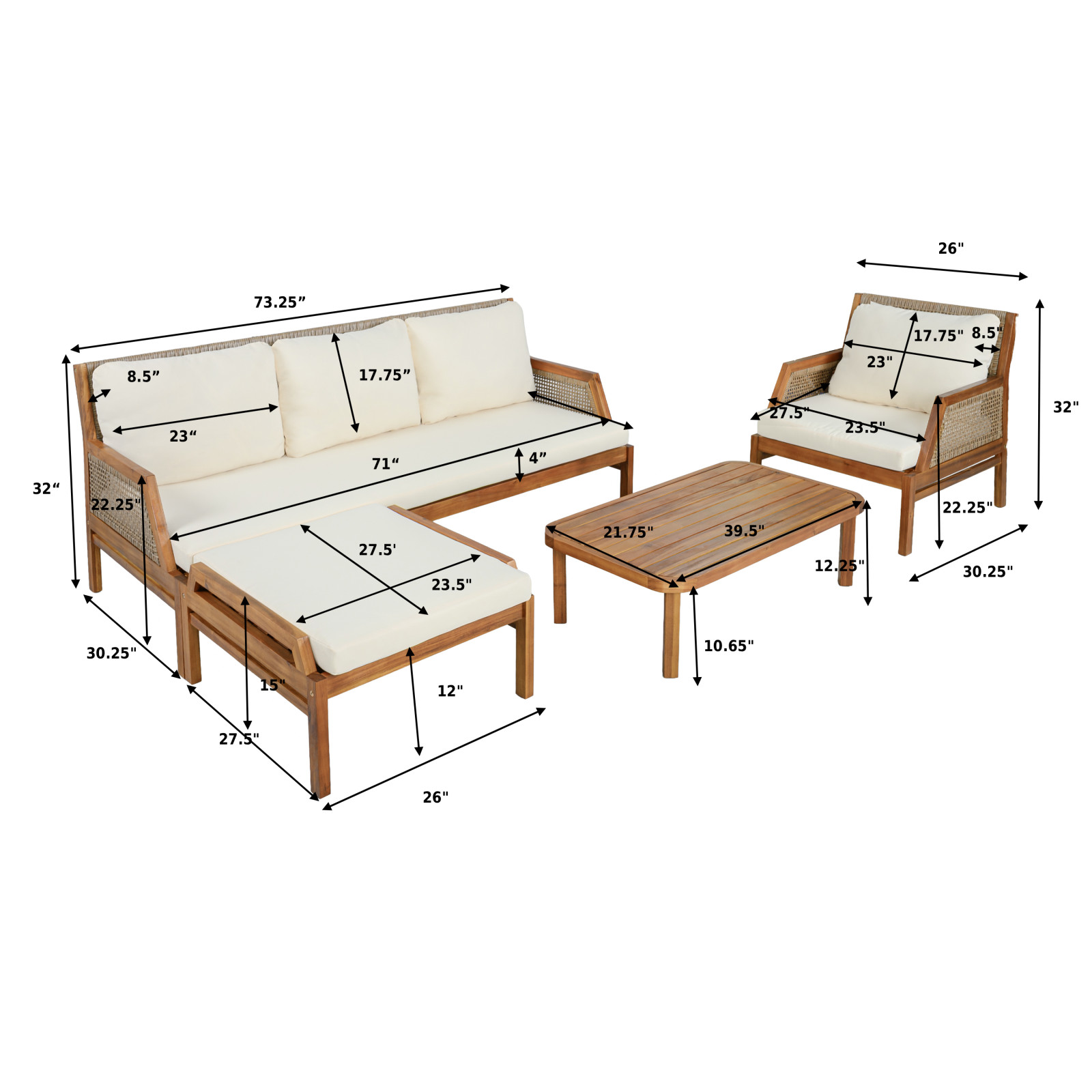 Acacia Wood 5-Piece Patio Sofa Set with Cushions & Coffee Table