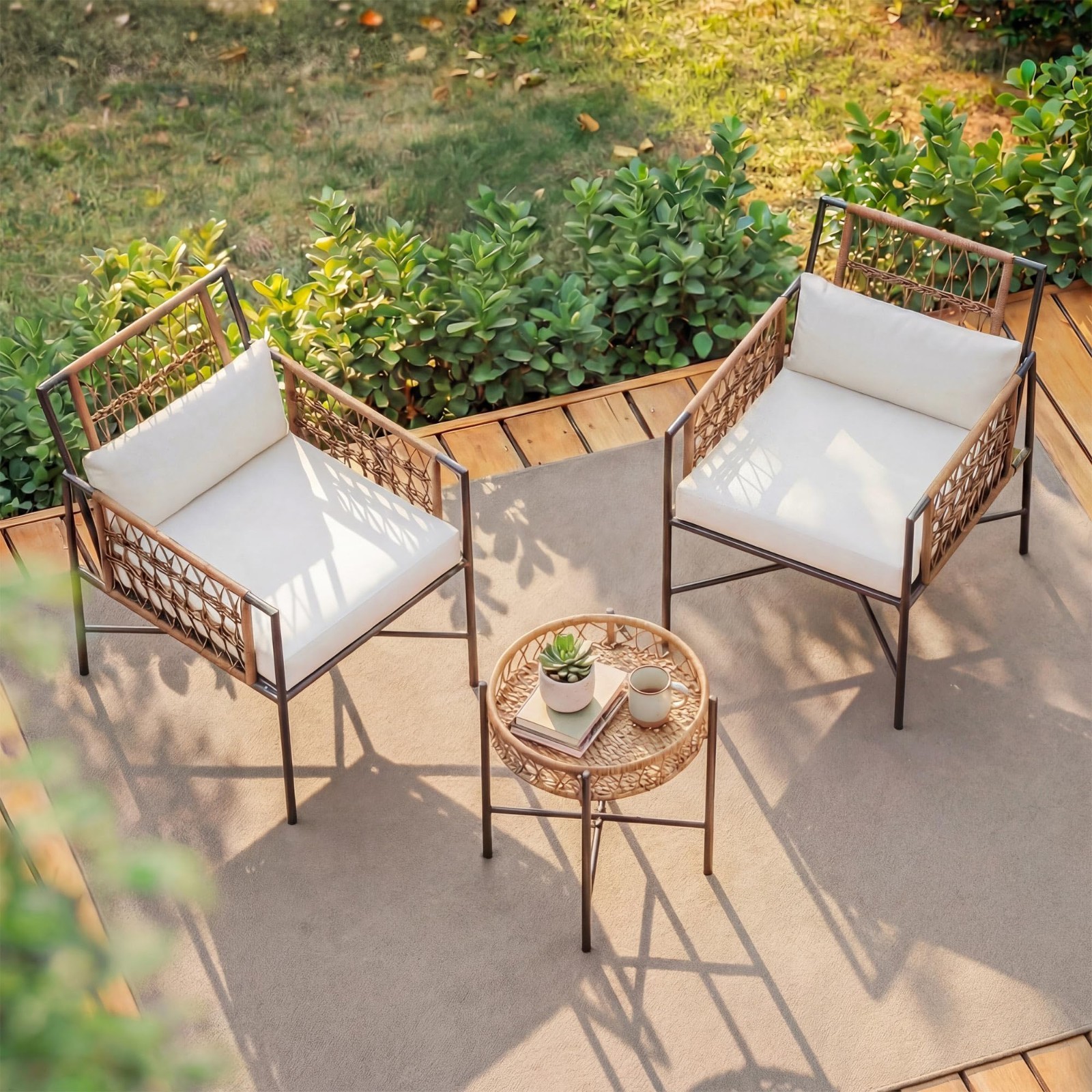 3Piece Rattan Bistro Set, Chairs & Round Table, Steel Frame for Balcony Backyard