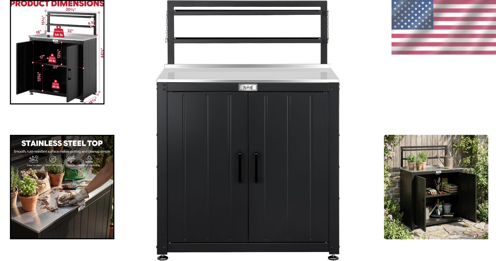 Multi-Purpose Black Gardening Workstation with Raised-Edge & Removable Hutch