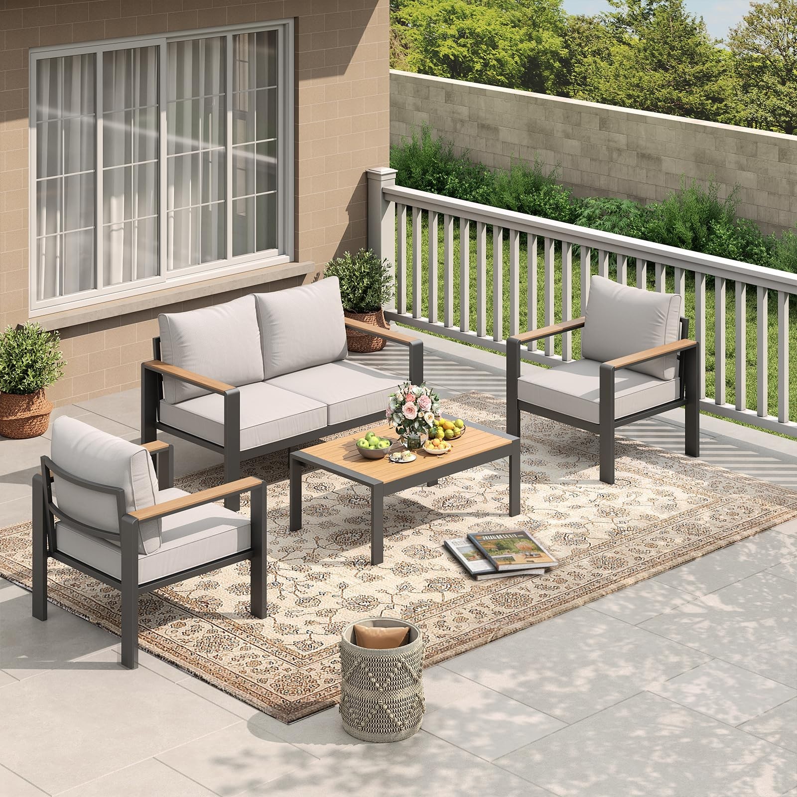 4 Pieces Patio Furniture Set Outdoor Sectional Sofa Set with Table for 4 Seats