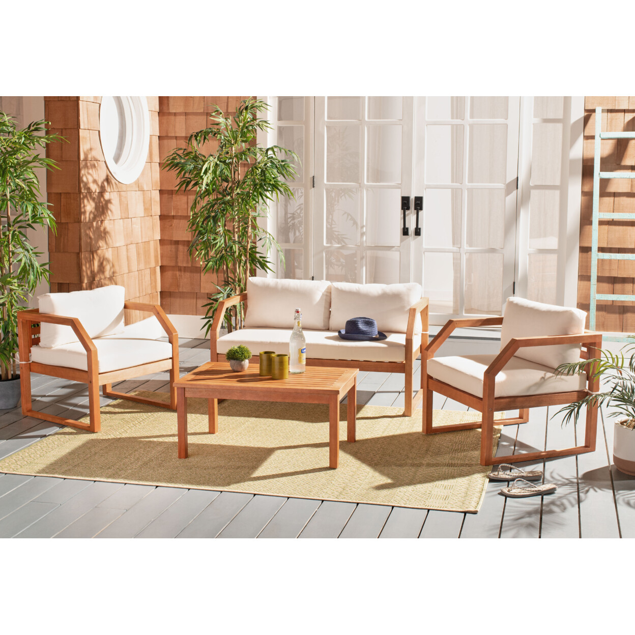 SAFAVIEH Outdoor Collection Dren 4-Piece Living Set | Natural/Beige |