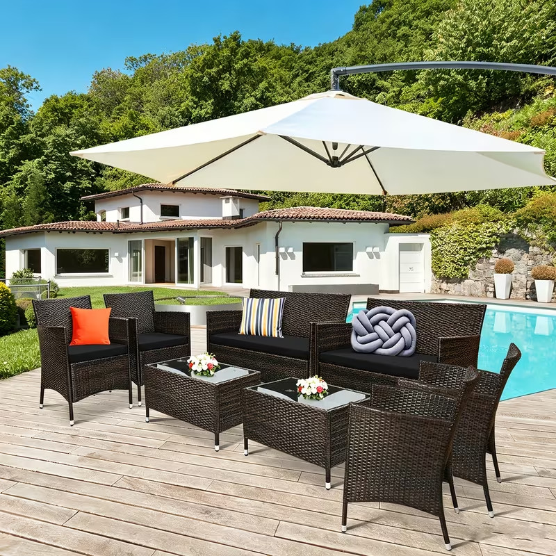 8PCS Hand-Woven Patio Rattan Outdoor Furniture Set w/ Washable Black Cushions
