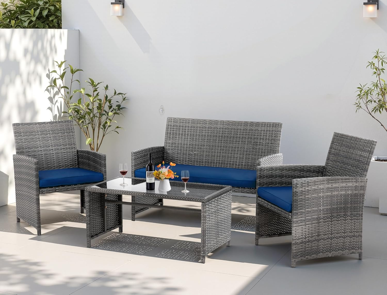 Deep Blue 4-Piece Wicker Patio Furniture Set with Cushions & Glass Tabletop