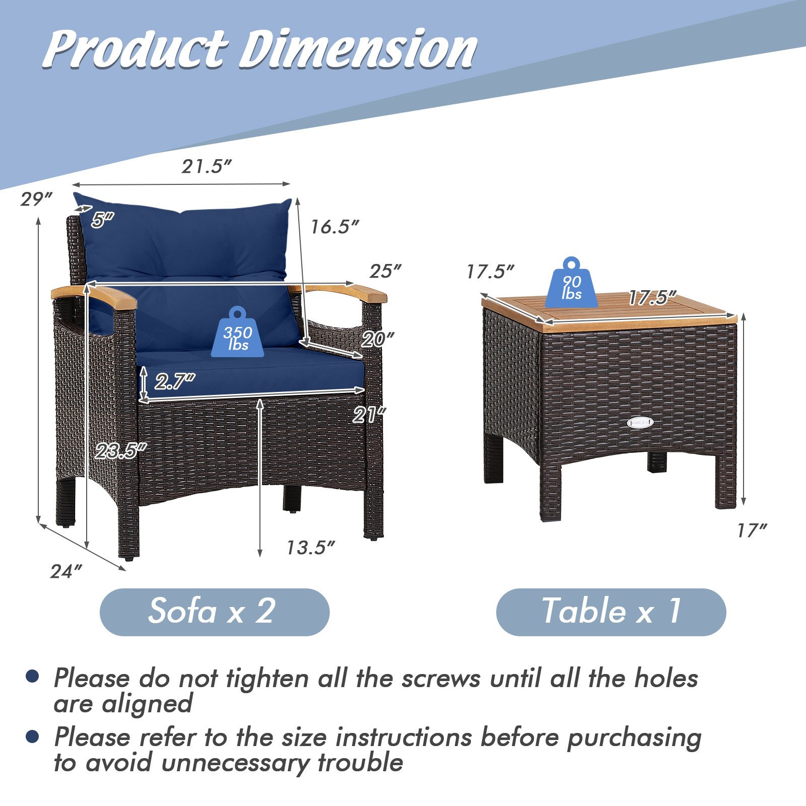 3 PCS Patio Rattan Furniture Set Wooden Armrest Table Top Cushioned Deck