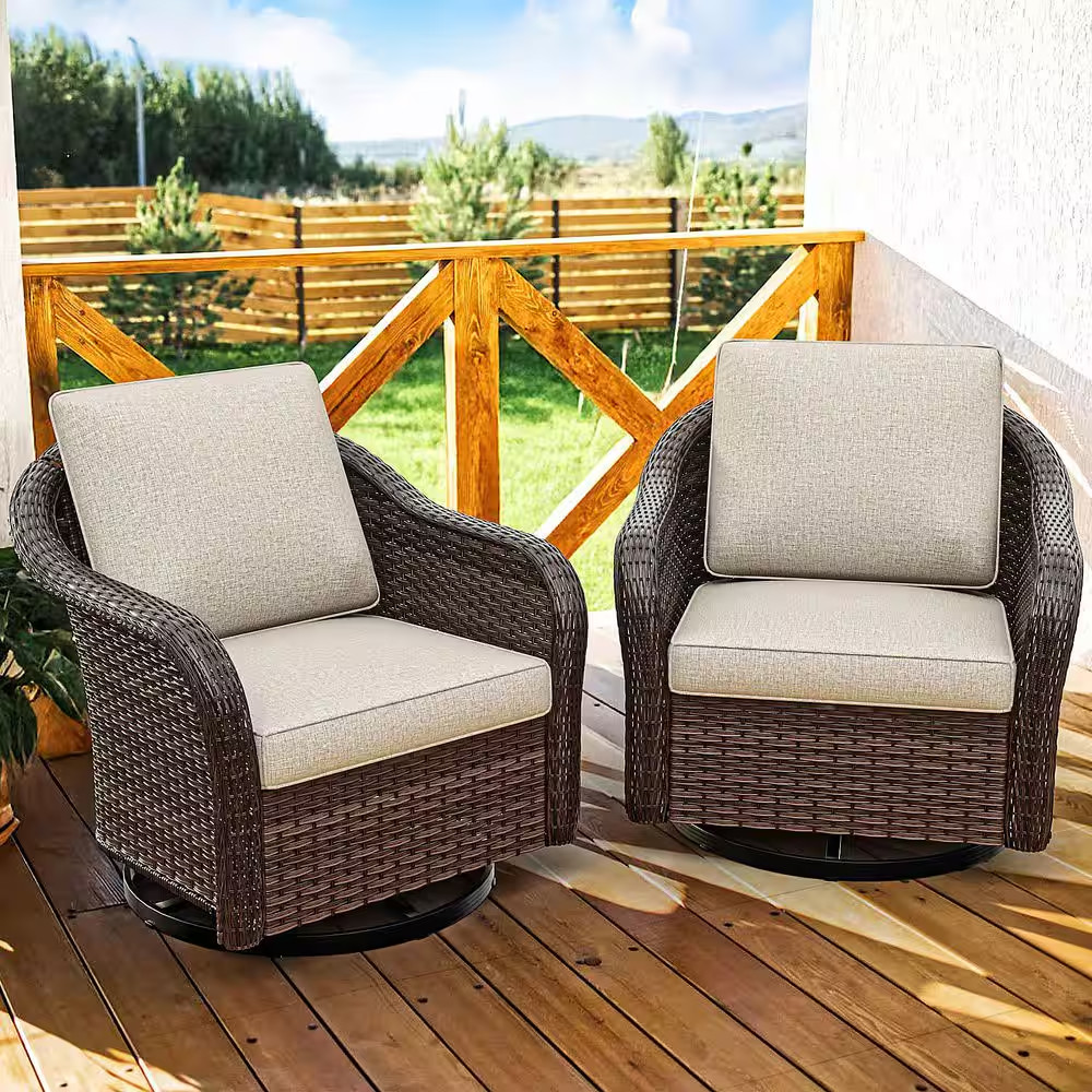 2-Piece Brown Wicker Outdoor Rocking Chair Patio Swivel Chair Set with Beige Cus