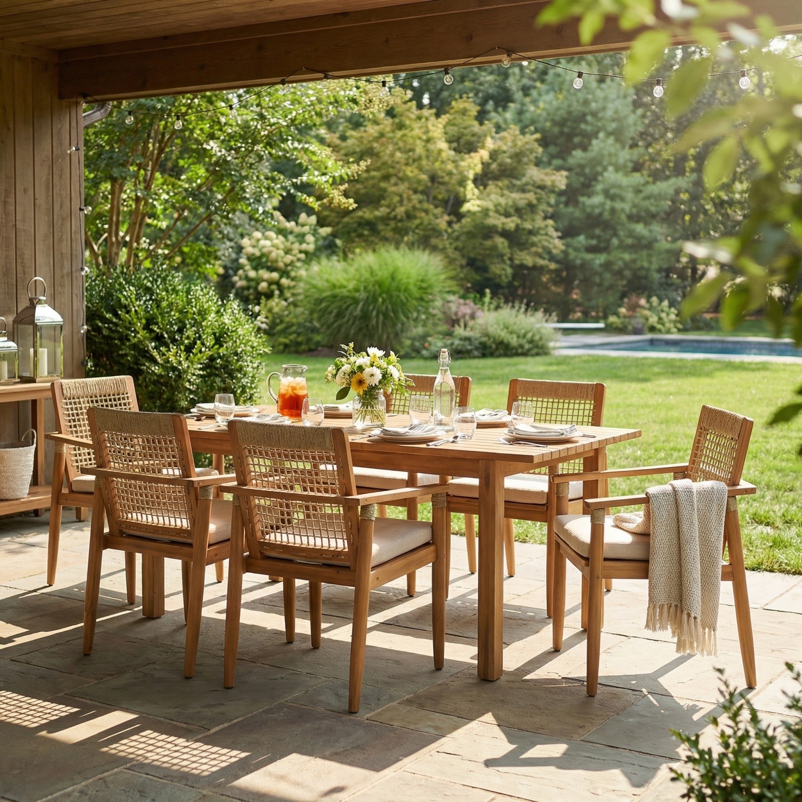 7-Piece Acacia Wood Outdoor Dining Set with Cushions, 6 Chairs & 1 Table