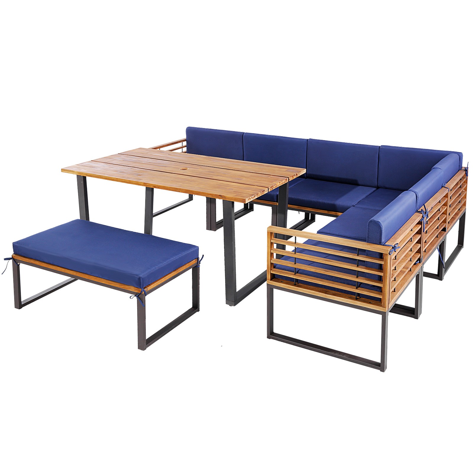8pcs Patio Acacia Wood Dining Table & Ottoman Sofa Chair Set Outdoor Furniture