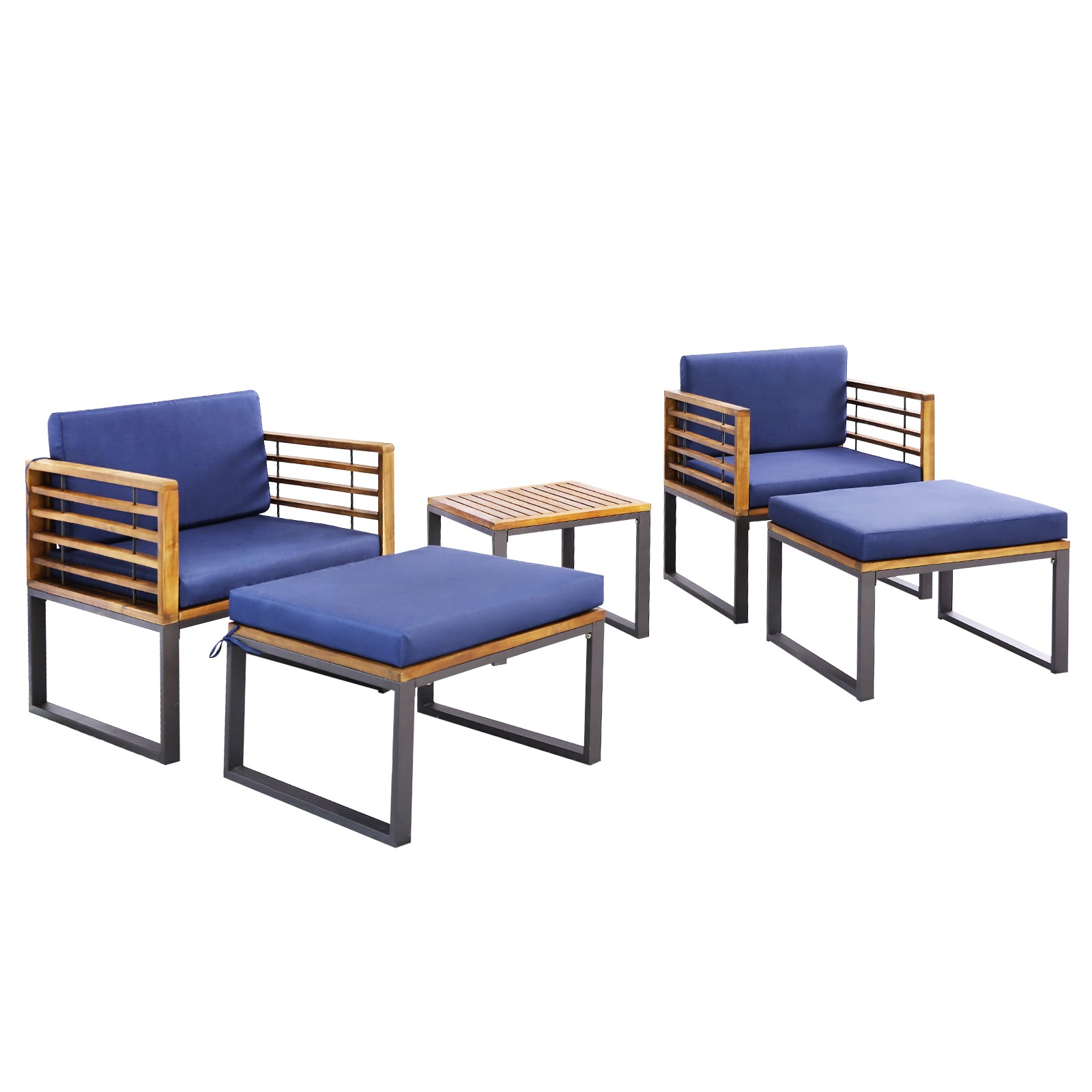Patio 5pcs Acacia Wood Cushioned Chair Ottoman Table Furniture Set Outdoor Navy