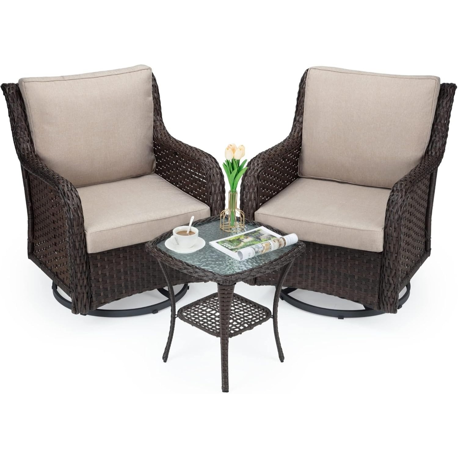 360° Swivel Gliding Patio Chairs Set of 2 with 4″ Cushions + Table, Beige Deck