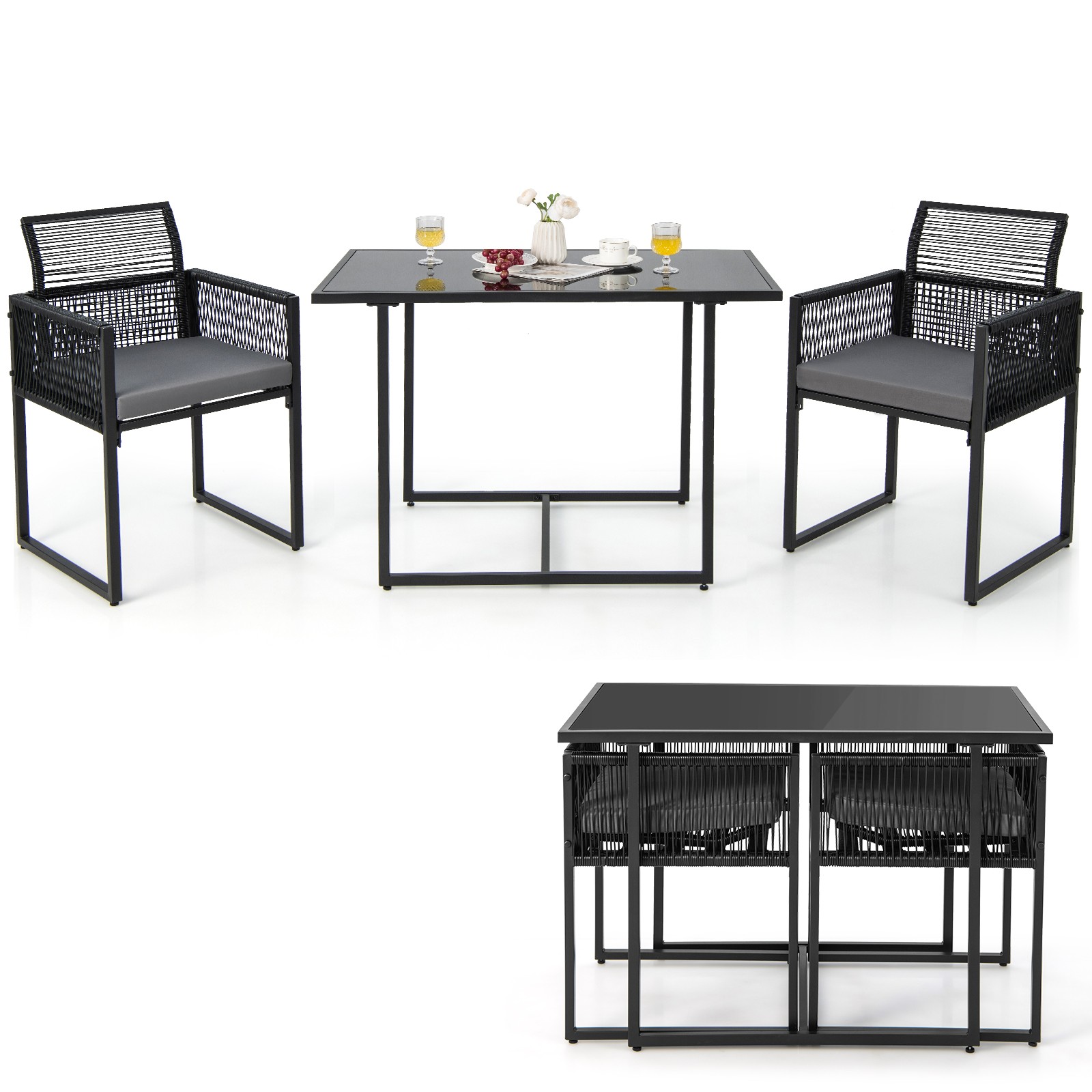 3PCS Patio PE Wicker Furniture Set Cushioned Chairs W/Folding Backrest Backyard