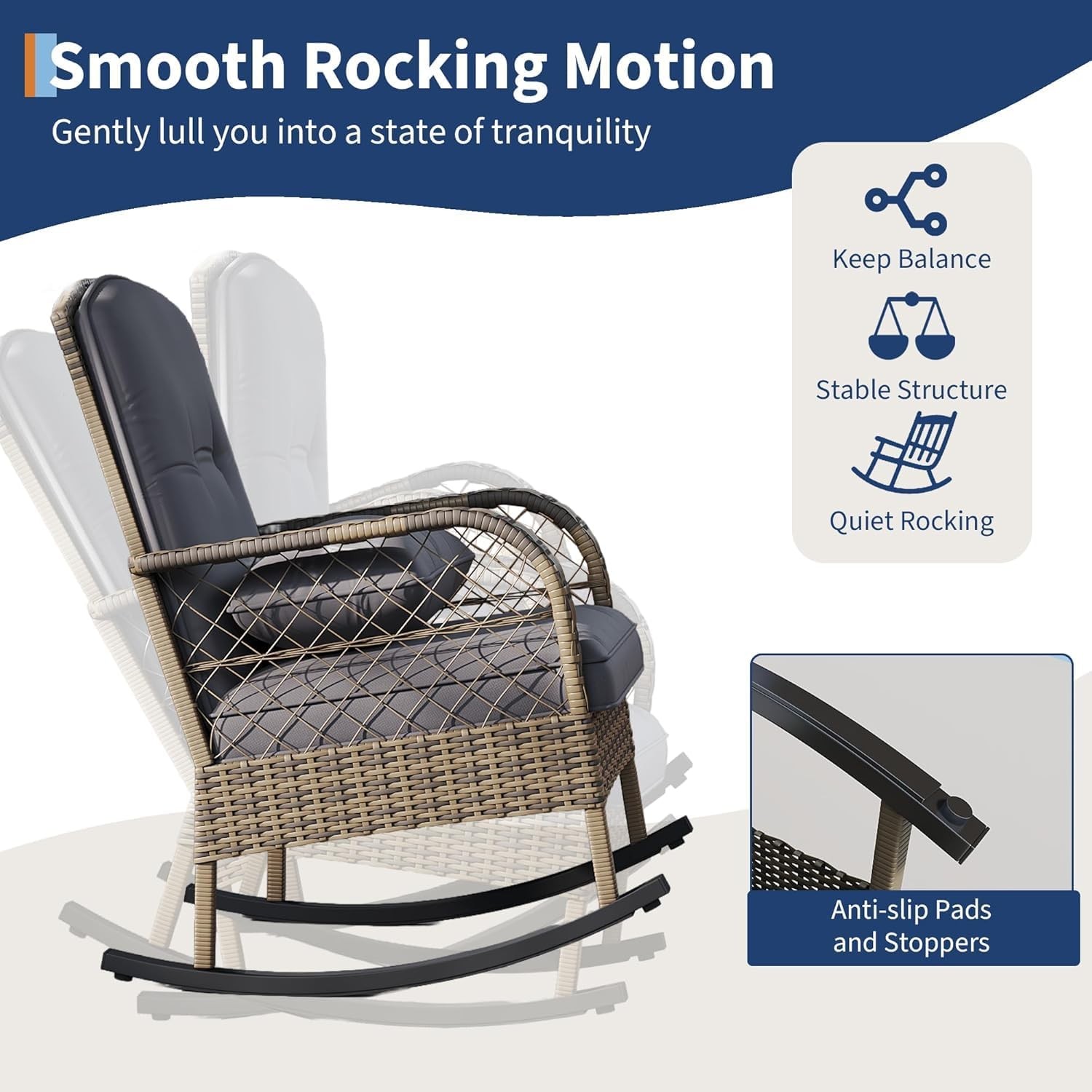 Outdoor Rocking Chairs Wicker High Back Ergonomic Handwoven Brown Rattan Cushion