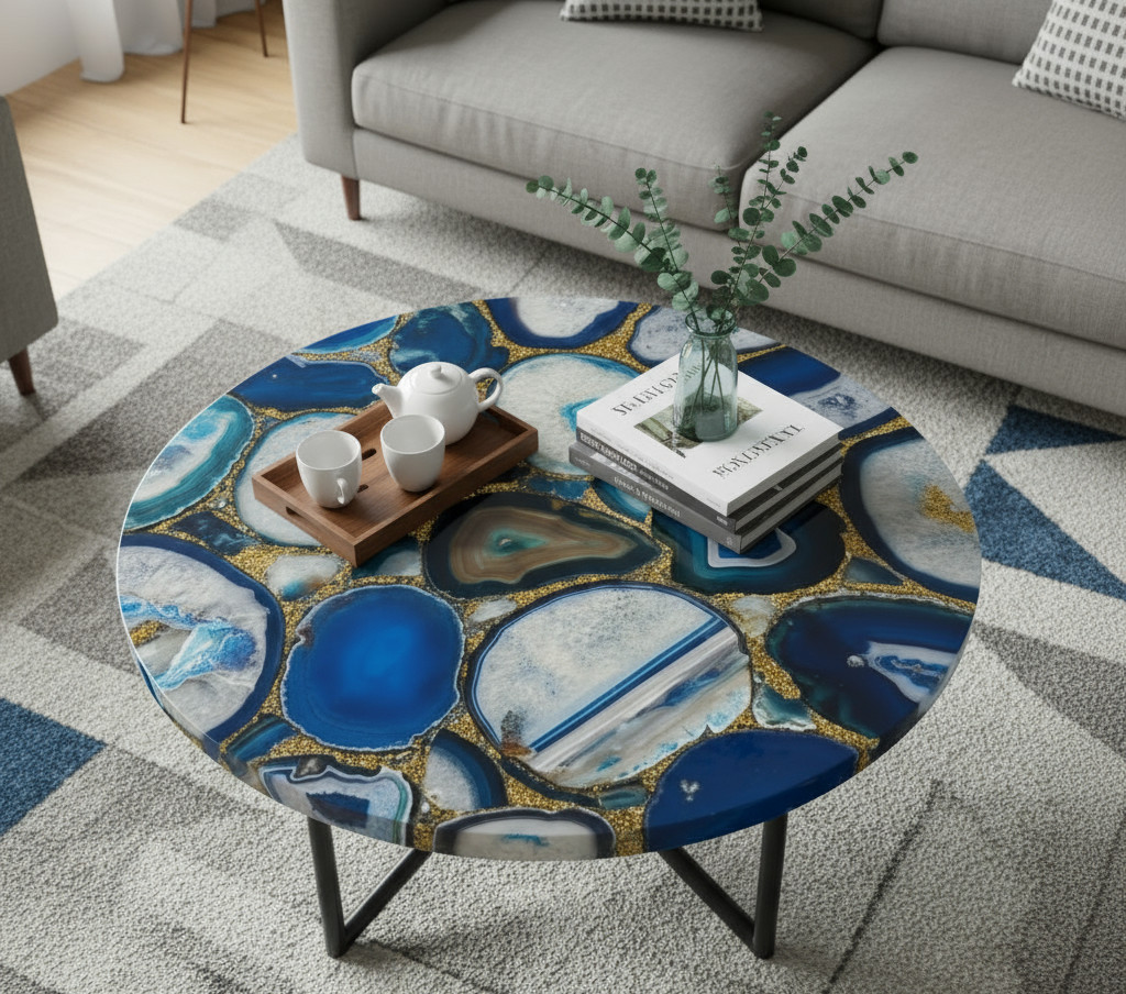 Blue Agate Coffee Table Top – Natural Gemstone Slab for Luxury Home Décor