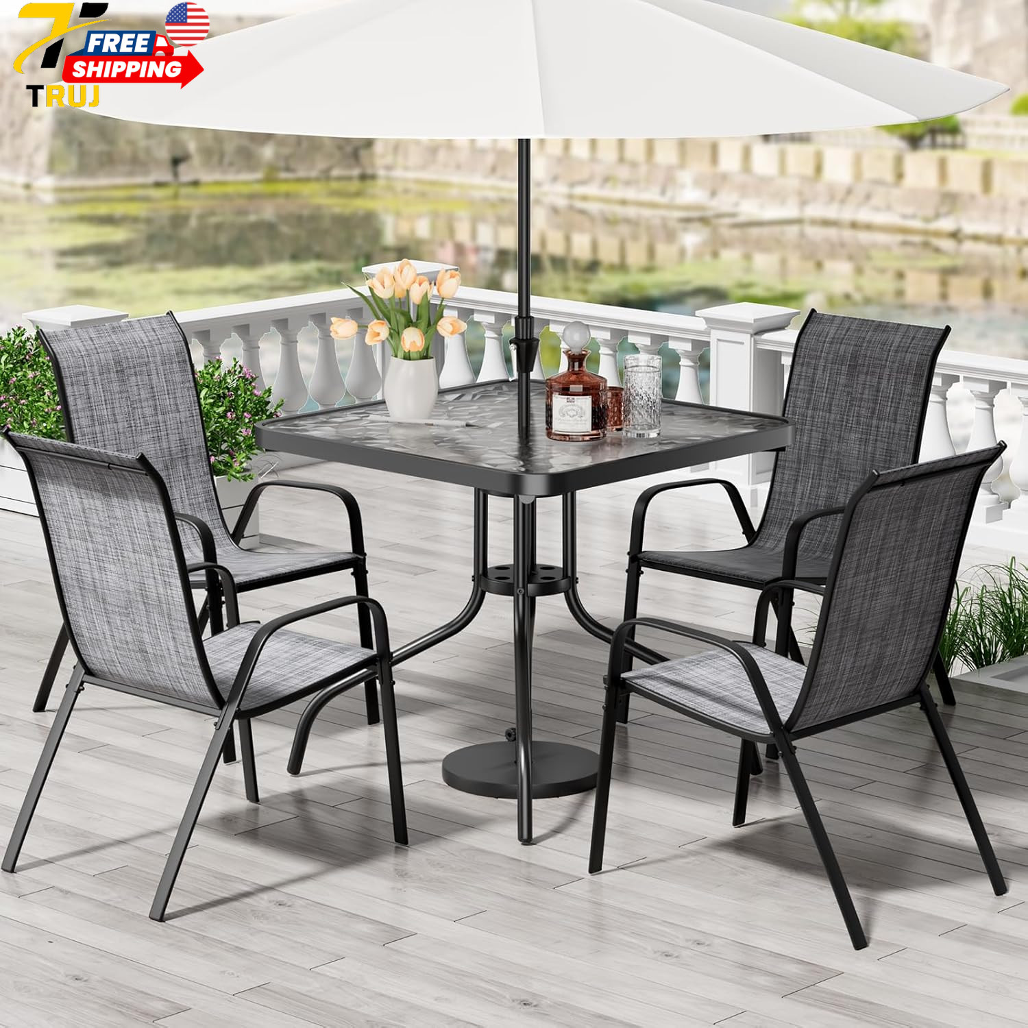 Patio Dining Set 5 Pieces Metal Table and Chairs for Lawn (Umbrella not Included