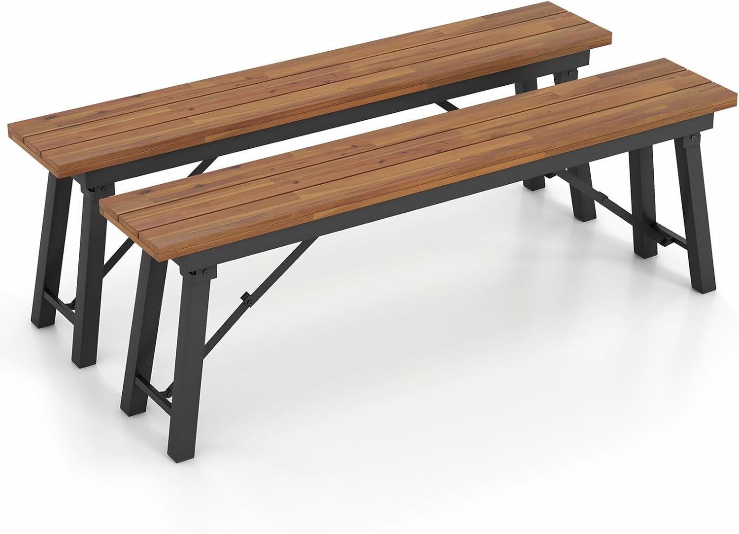 Outdoor Folding Bench Set of 2, 55” 2-3 Person Acacia Wood Backless Patio Dining