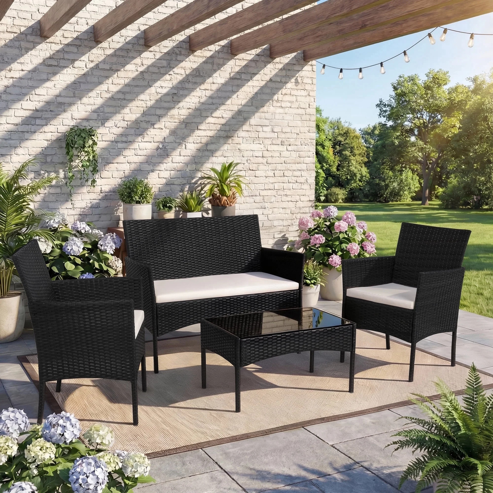 4-Piece Patio Rattan Furniture Set with Cushions & Tempered Glass Tabletop, Whit