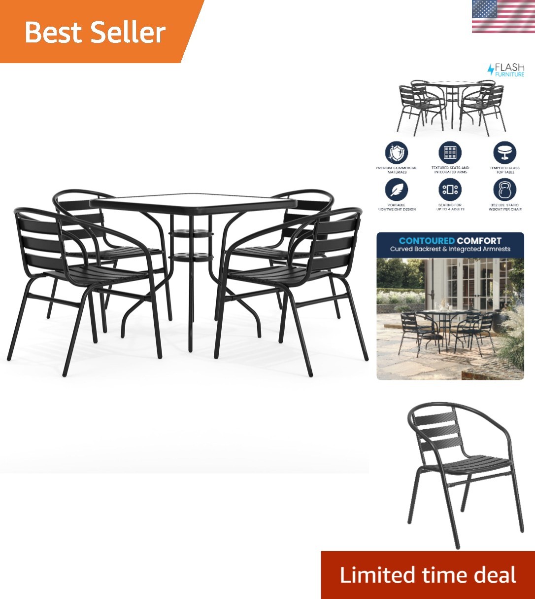 Durable 5-Piece Outdoor Dining Set: 31.5″ Glass Table and 4 High-Weight Chairs