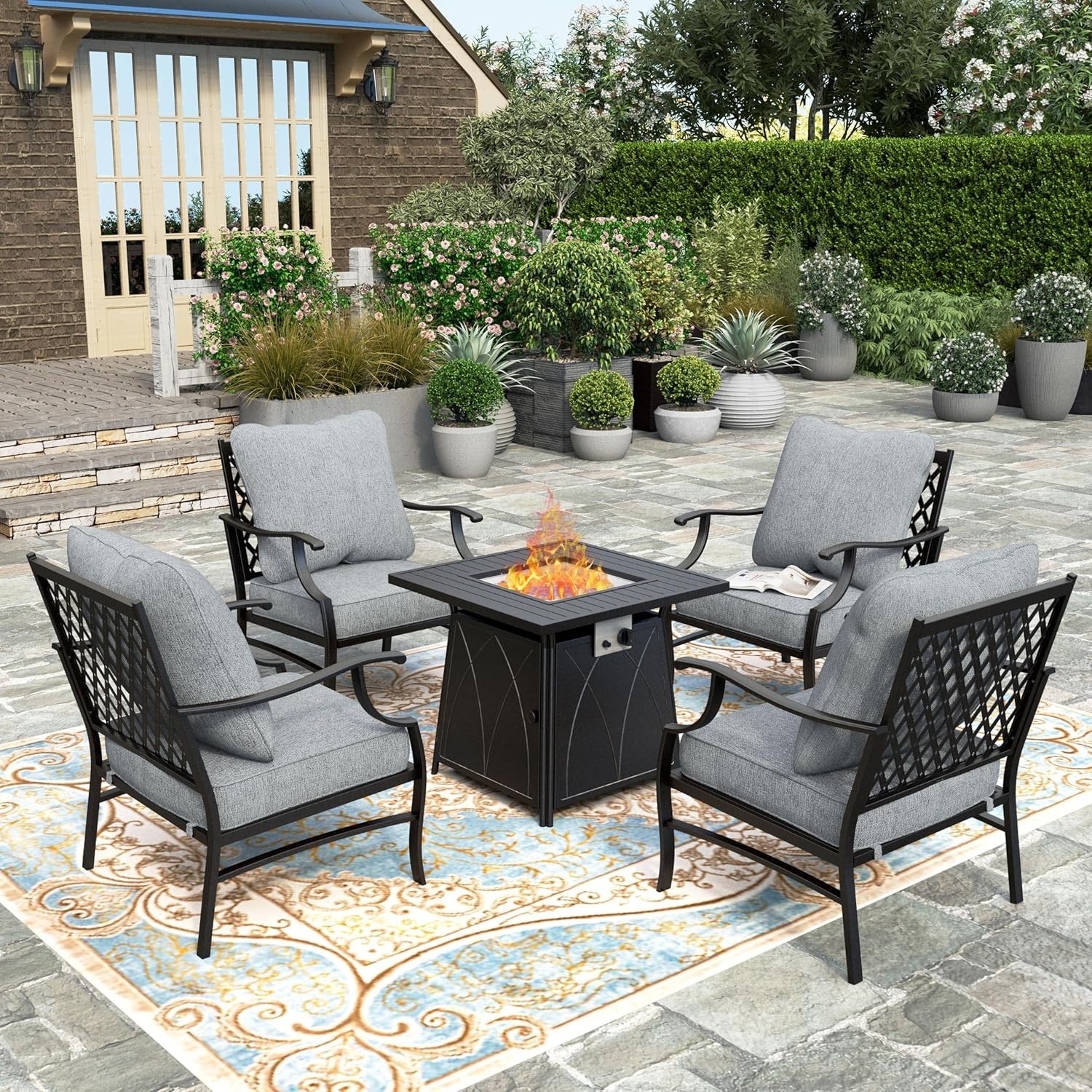 5 PCS Patio Furniture Set Garden Lawn Outdoor Set with Gas Fire Pit Table Heater