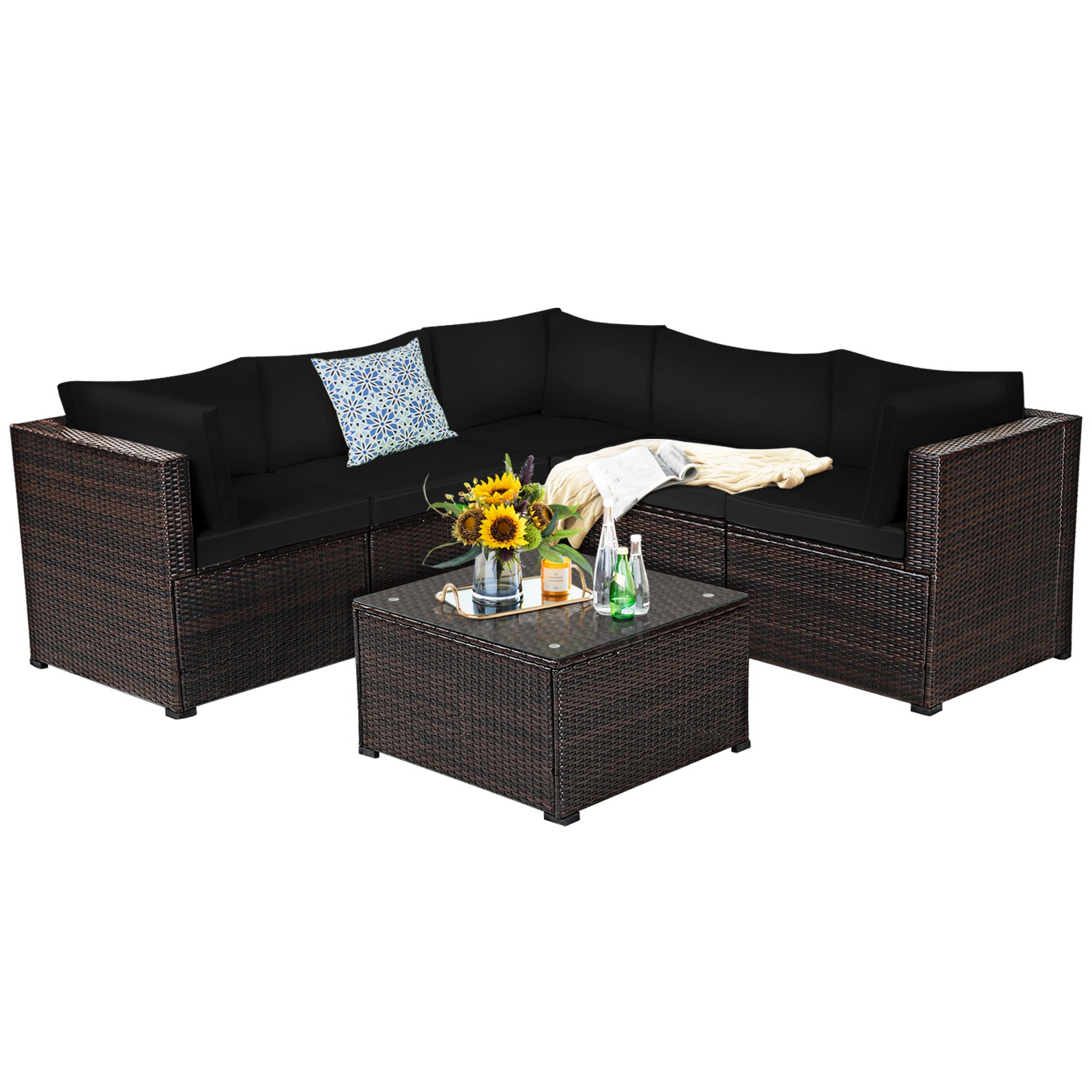 Costway 6PCS Patio Rattan Furniture Set Sectional Cushioned Sofa Deck Black