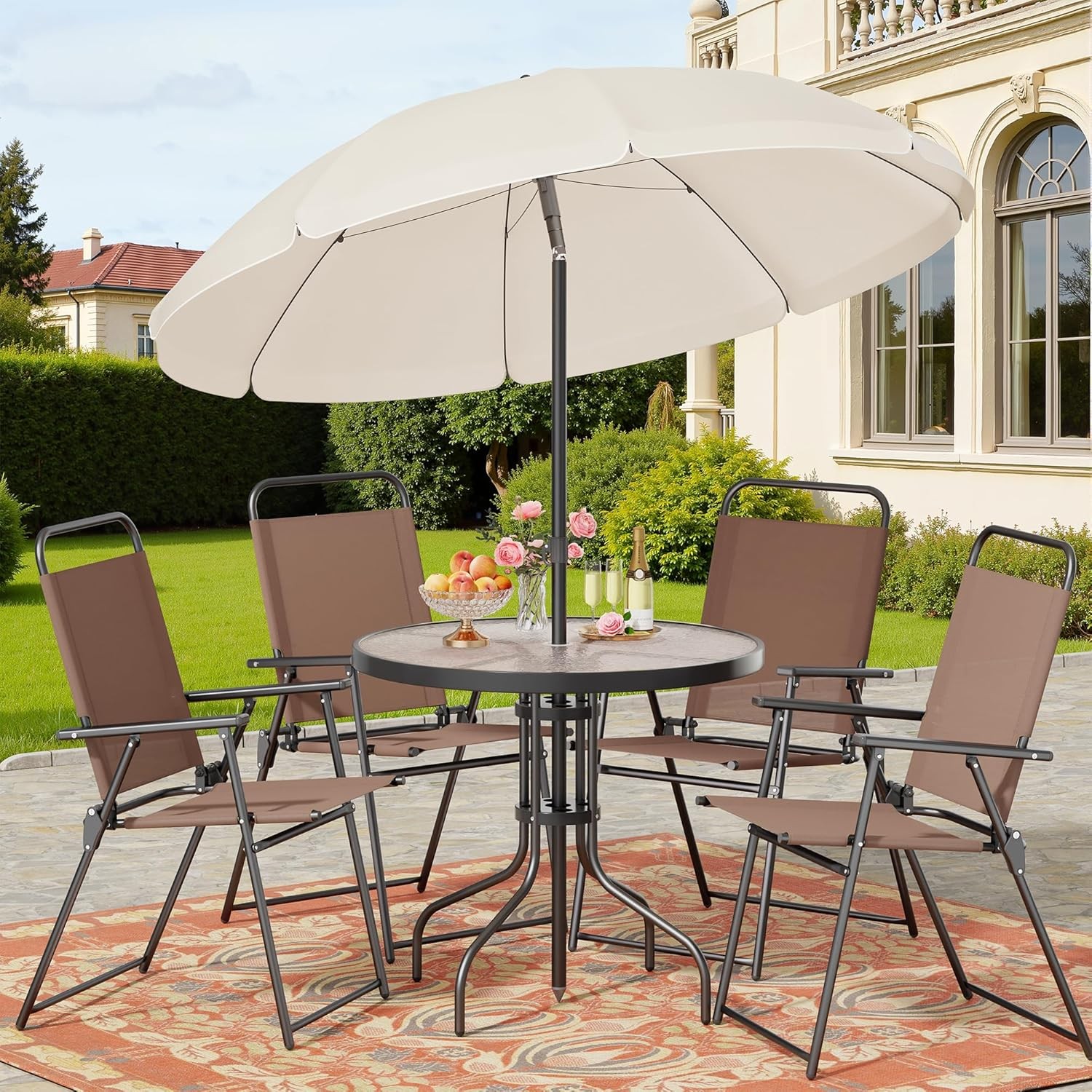 6 Piece Patio Dining Set with Umbrella, Outdoor Furniture Set with 4 Folding