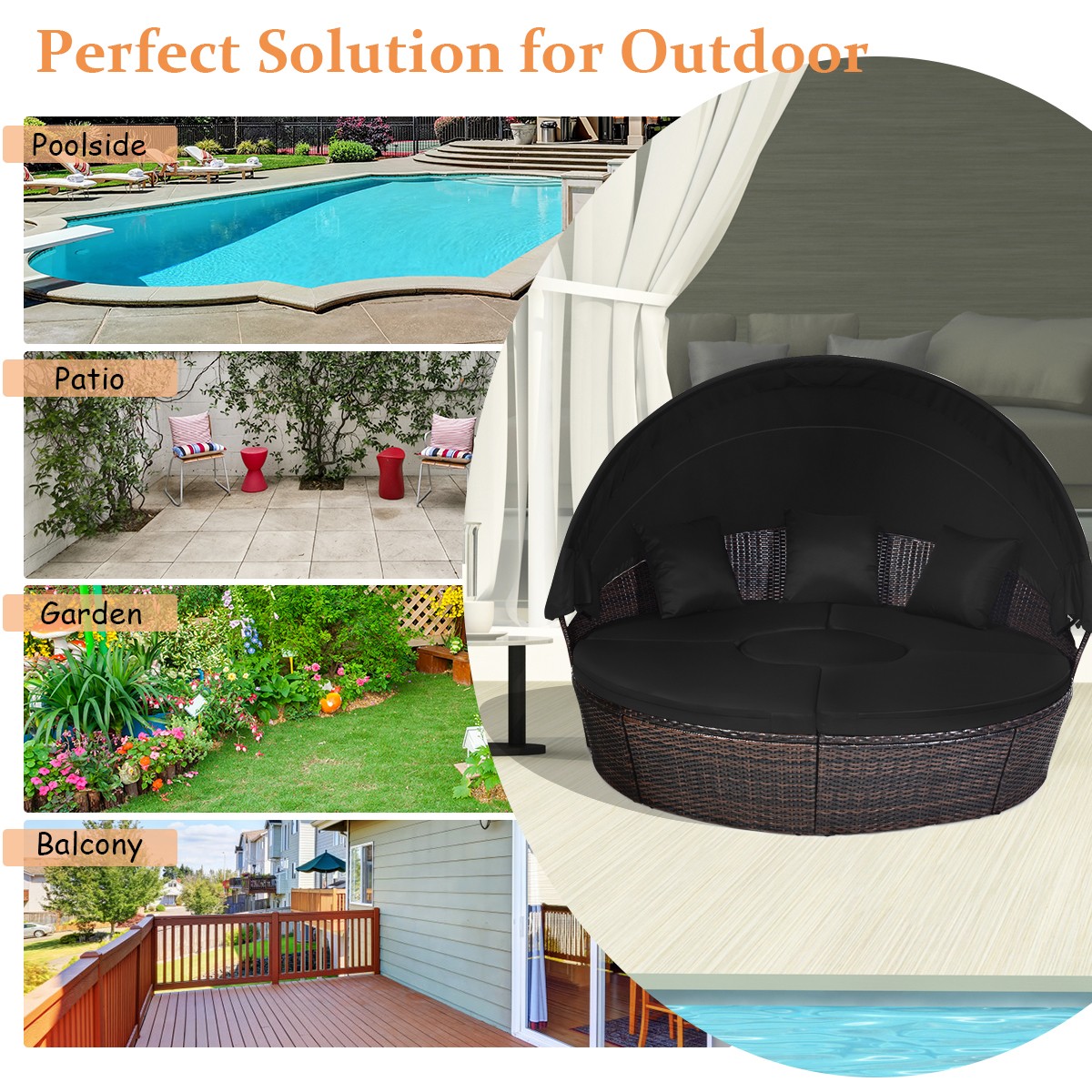 Patio Rattan Daybed Cushioned Sofa Adjustable Table Top Garden Outdoor Camping