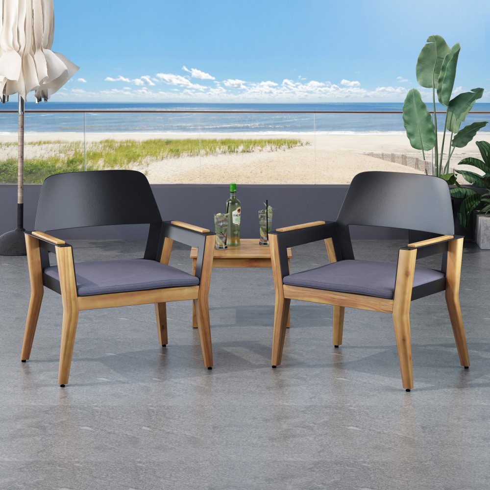 Set of 2 Outdoor Club Chairs – Acacia Wood Frame w/ Water Resistant Cushions