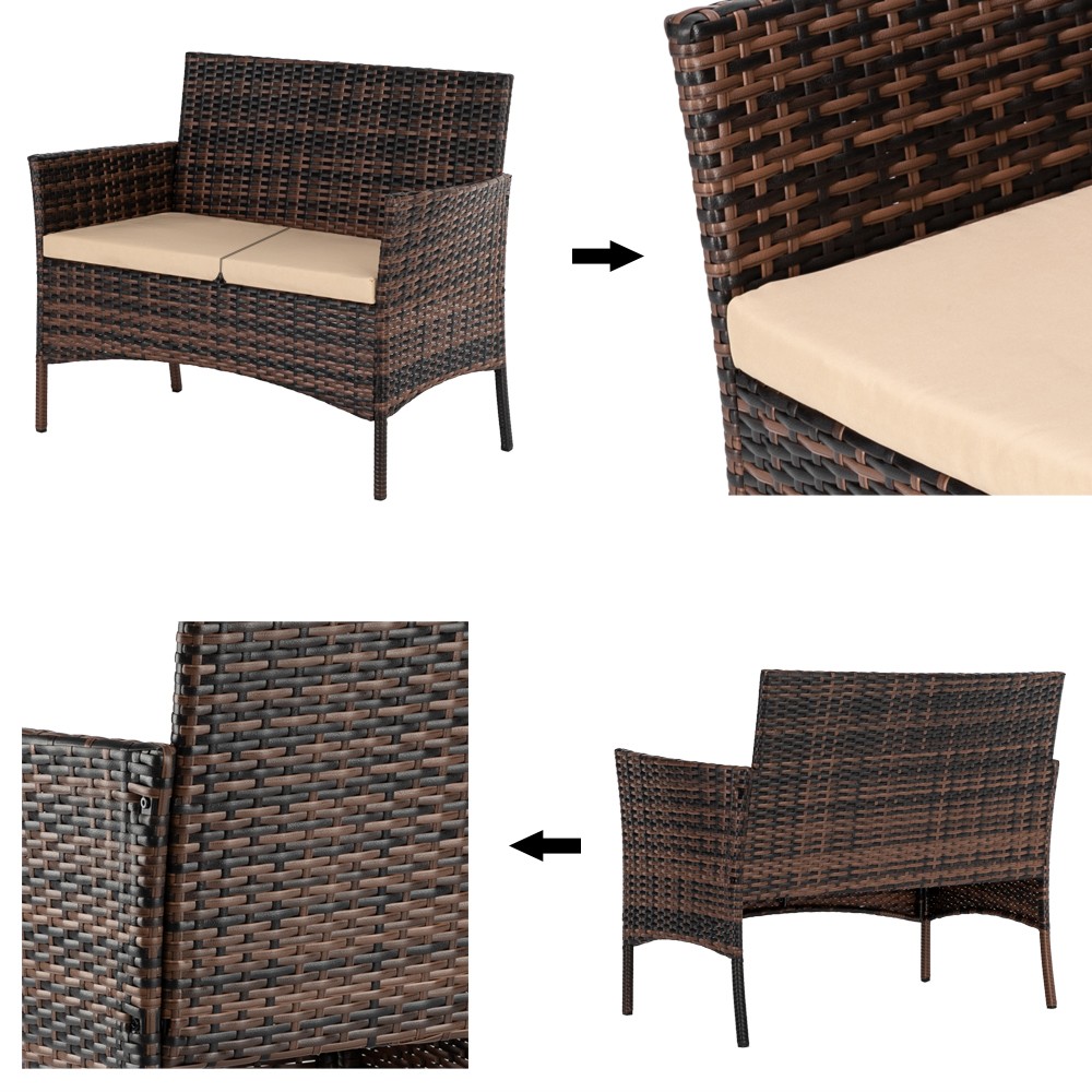 4Pcs Patio Rattan Furniture Set Wicker Sofa Loveseat Chairs Glass Table Outdoor