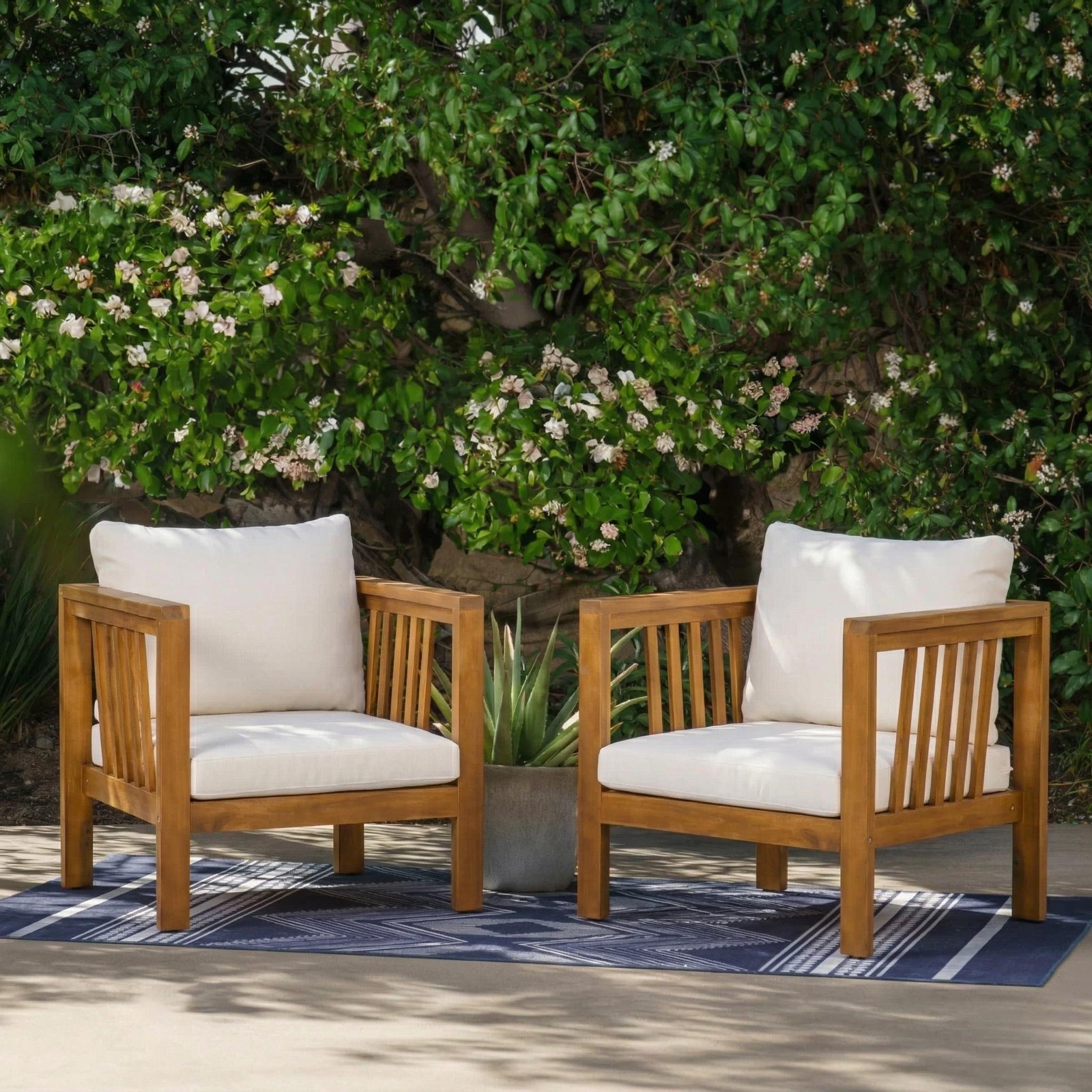 2 Acacia Wood Club Chairs with Square Arms & Beige Cushions