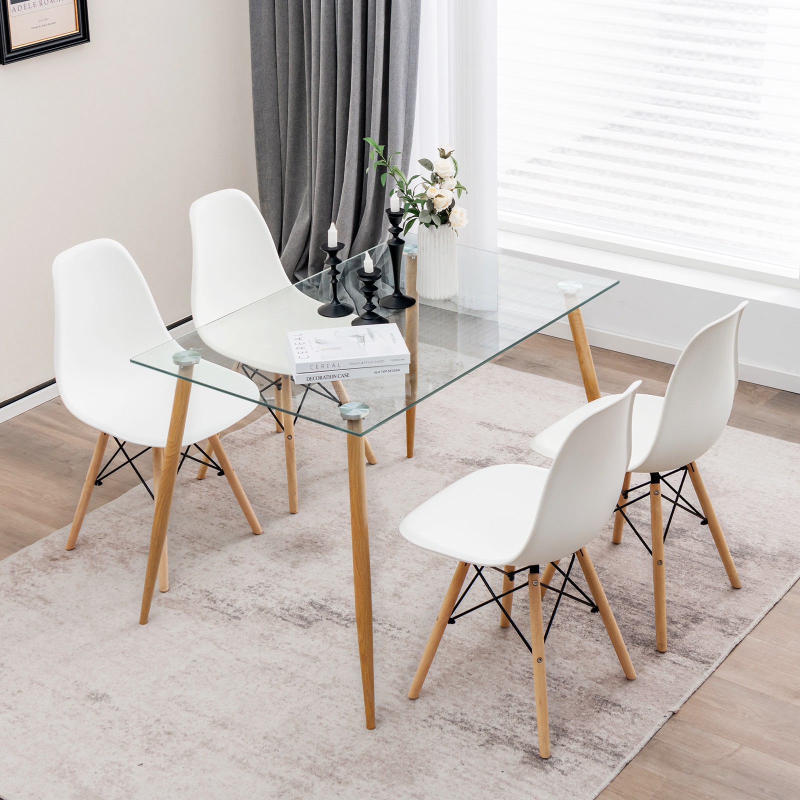 5 Pieces Dining Table Set for 4 Rectangle Glass Table & 4 Modern Chairs for Home
