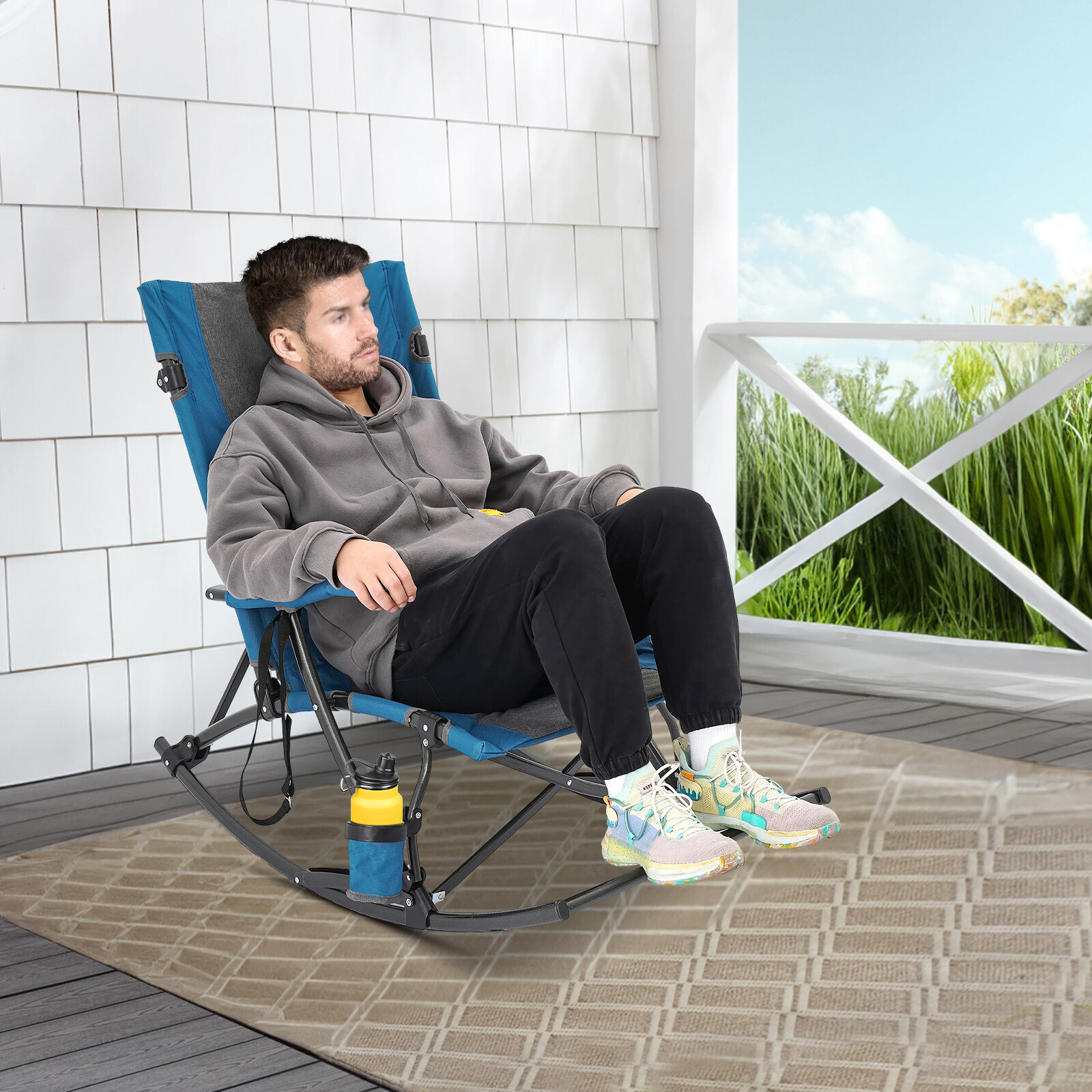 Folding Rocking Camping Chair Steel Frame Oxford Mesh Back Cup Holder 330 lb