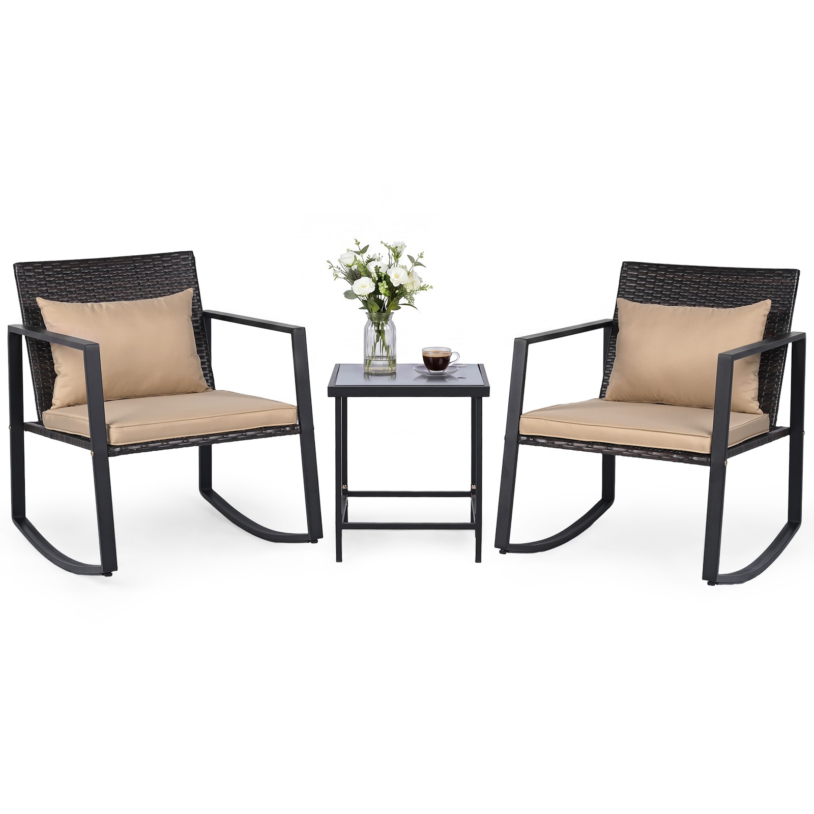 3-Piece Outdoor Rocking Bistro Set Patio Rocking Chairs & Coffee Table Set