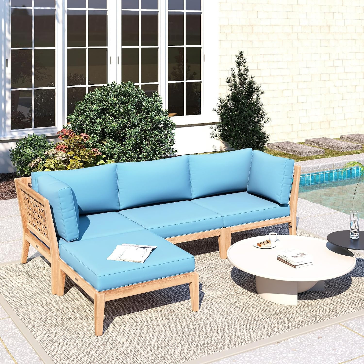 4Pk Lake Blue Outdoor Sofa Cushions 5 Pillows Water-Resistant