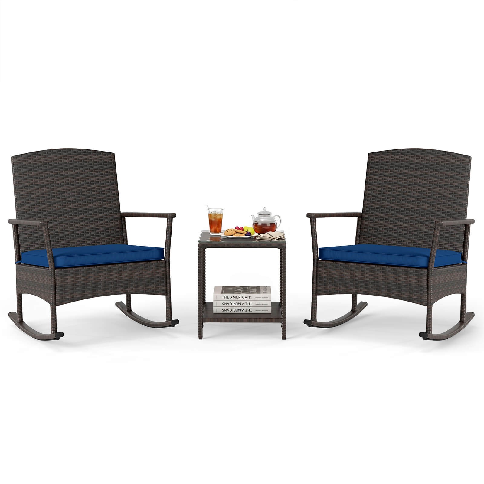 3 Piece Patio Rocking Bistro Set, 2 Rattan Armchairs with 2-Tier Side Table