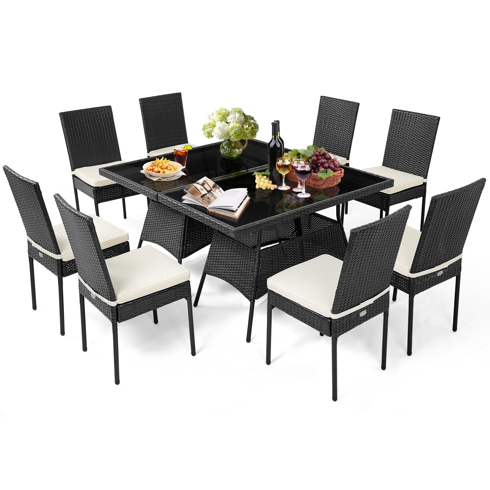 10PCS Patio Rattan Dining Set Cushioned Chair Table w/Glass Top Garden Furniture