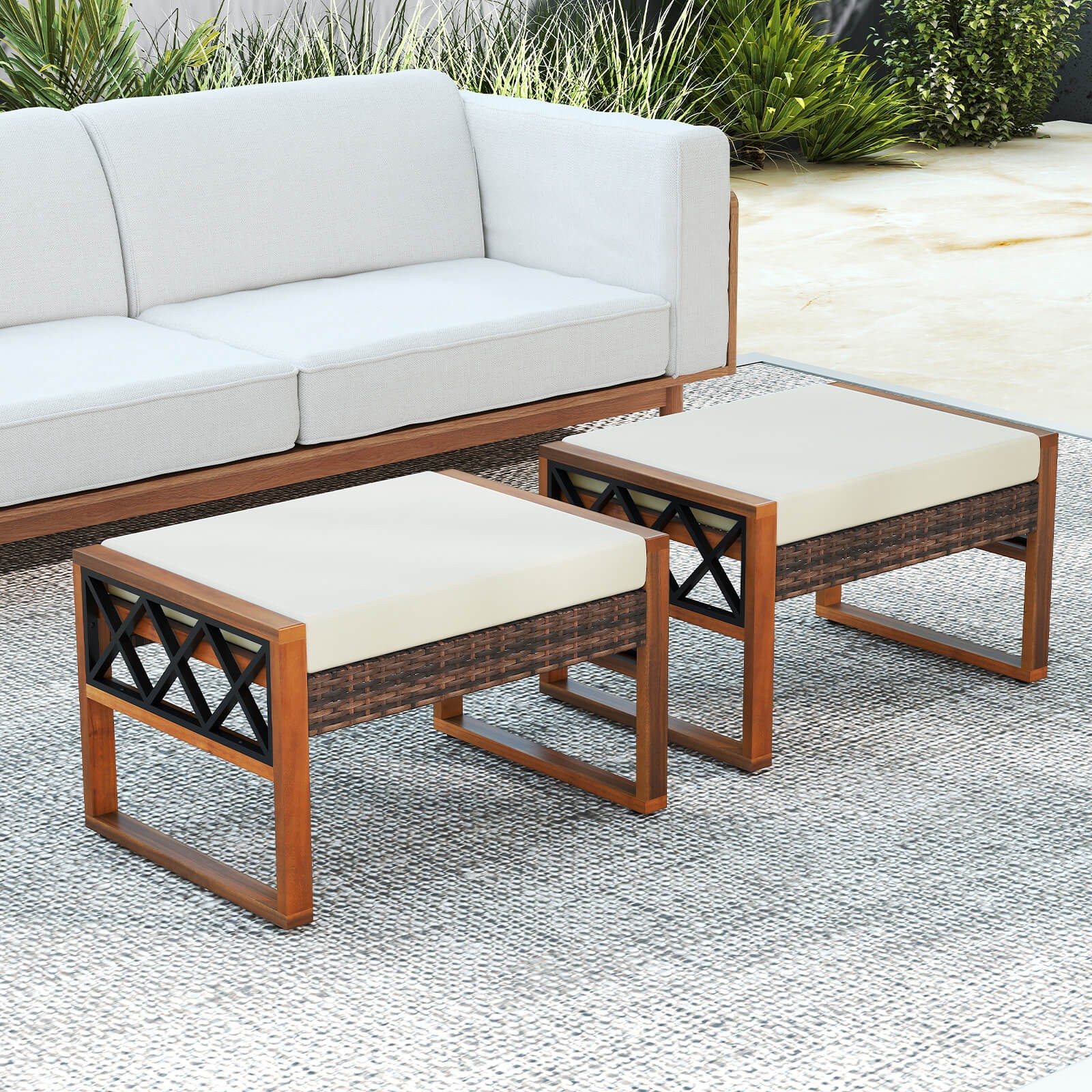 2 PCS PE Rattan Wicker Ottomans Outdoor Patio Footstools Multipurpose Furniture