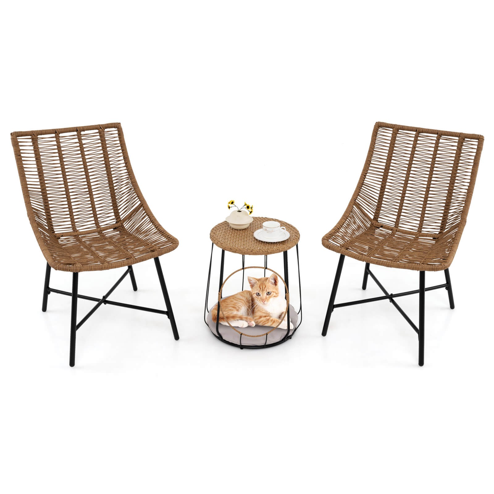 3 Piece Outdoor Furniture Set w/ Pet House & Heavy Duty Metal Frame Brown
