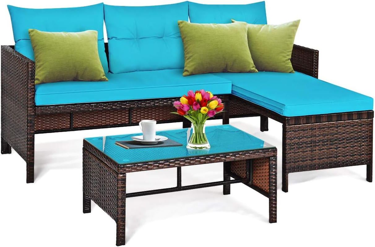 Patio Corner Sofa Set 3 Piece, Outdoor Rattan Sofa Set, Includes Lounge Chaise,