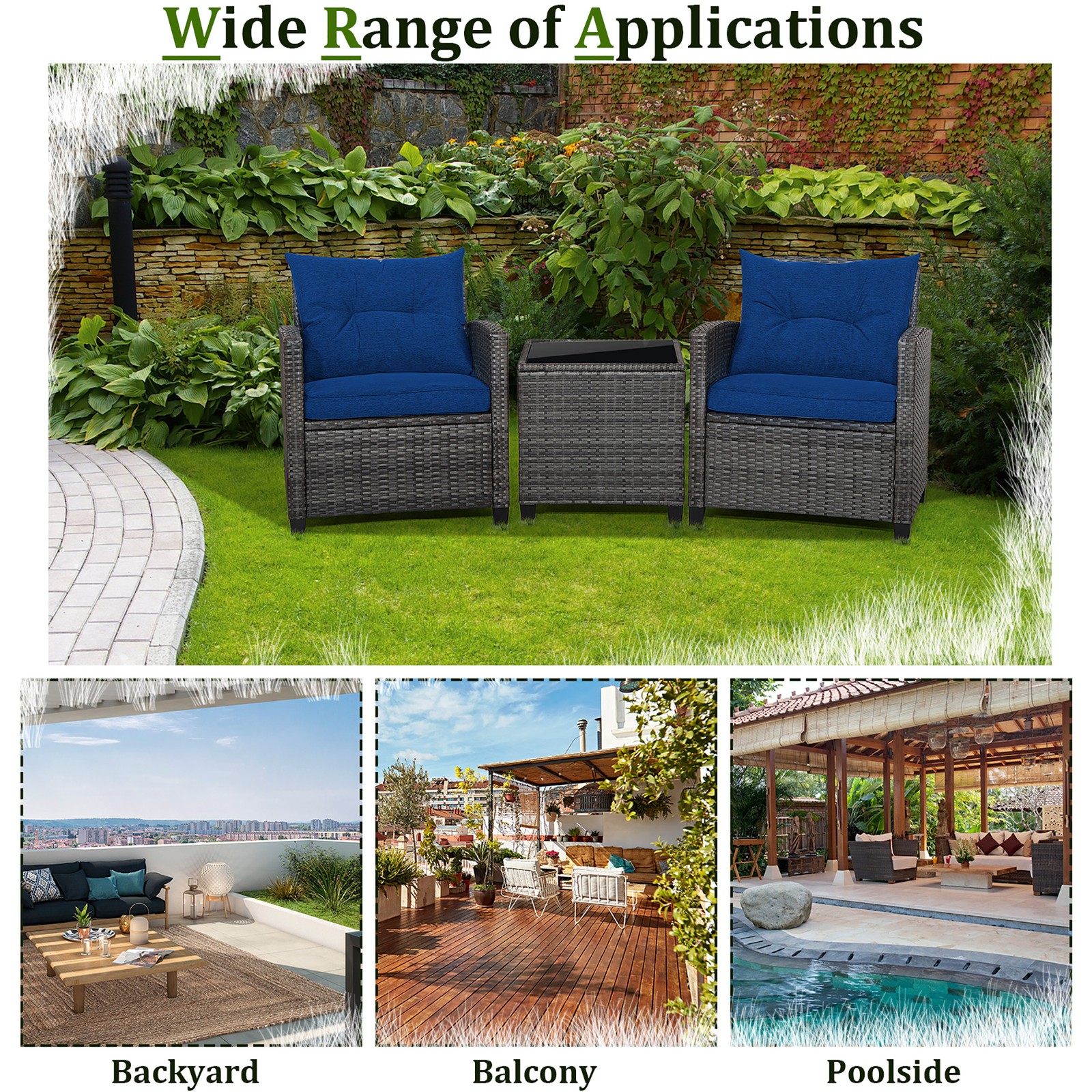 3PCS Patio Rattan Sofa Set Wicker Conversation Set Glass Tabletop w/Navy Cushion