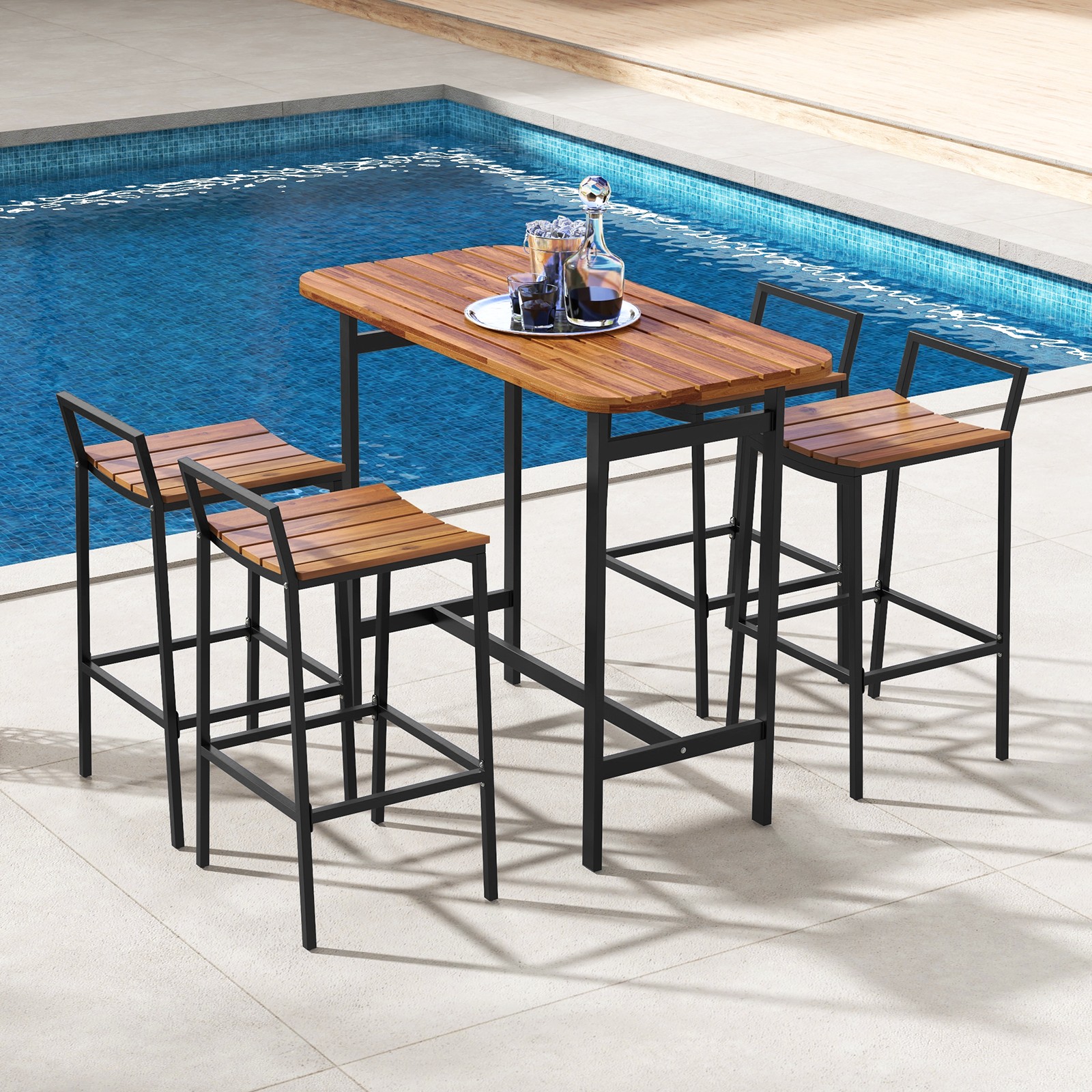 5 PCS Acacia Wood Bar Table Set Outdoor Bar Height Table & Chairs w/ Metal Frame