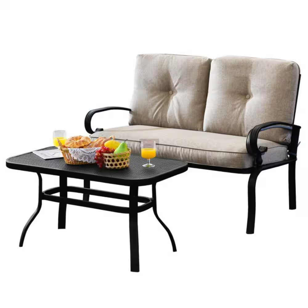 2-Piece Metal Patio Conversation Set Loveseat Bench Table Furniture Set with Bei