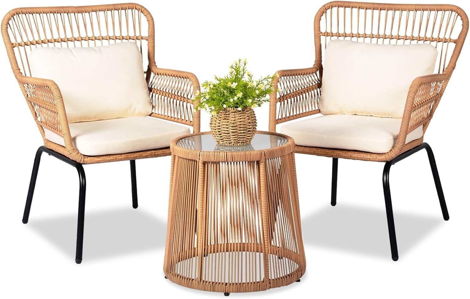 Bistro Set Chair & Table Set Wicker Rattan 3Pcs Outdoor Bistro Set, Yellow/Beige