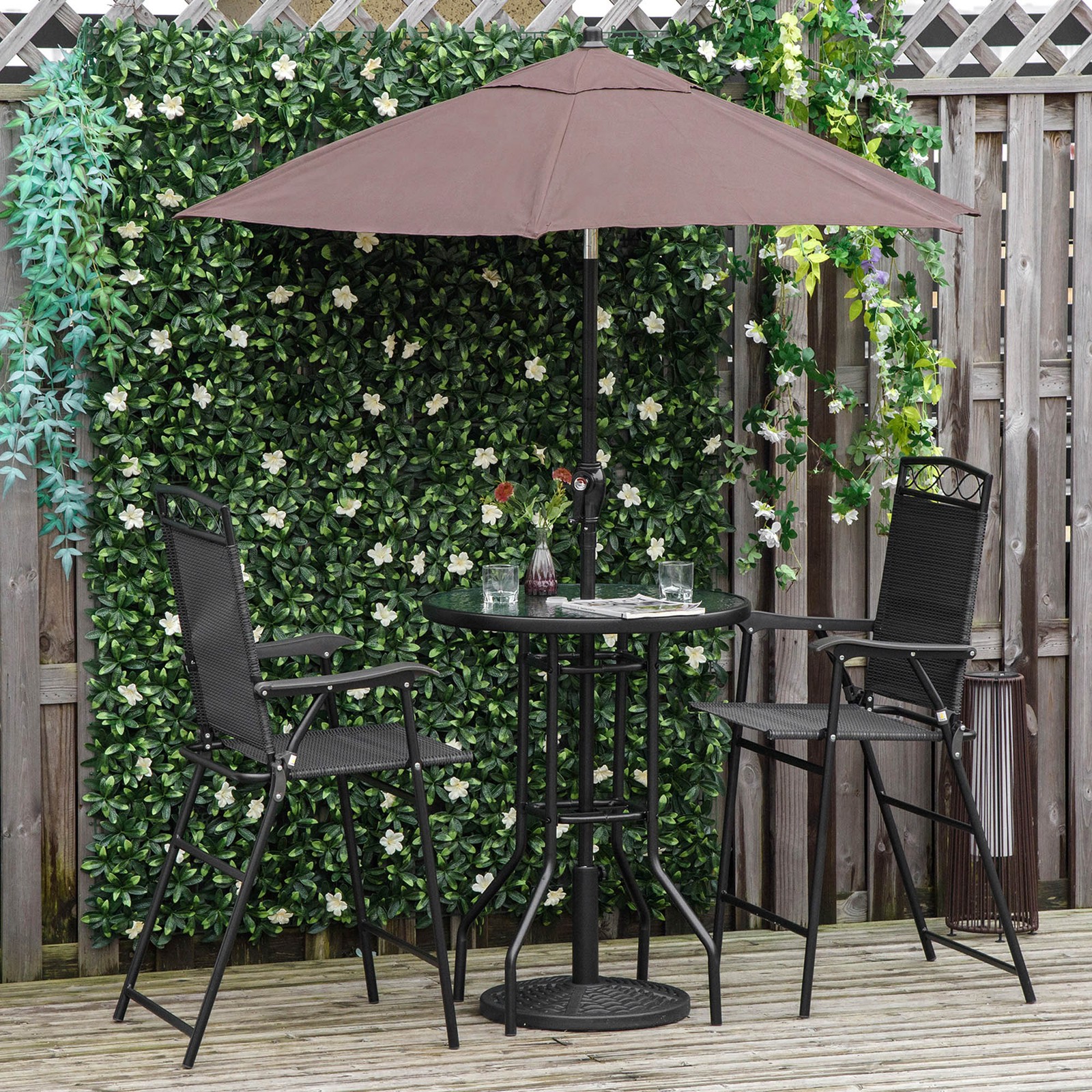 4 Piece Patio Bar Bistro Set Round Table with 2 Folding Chair Umbrella Outdoor