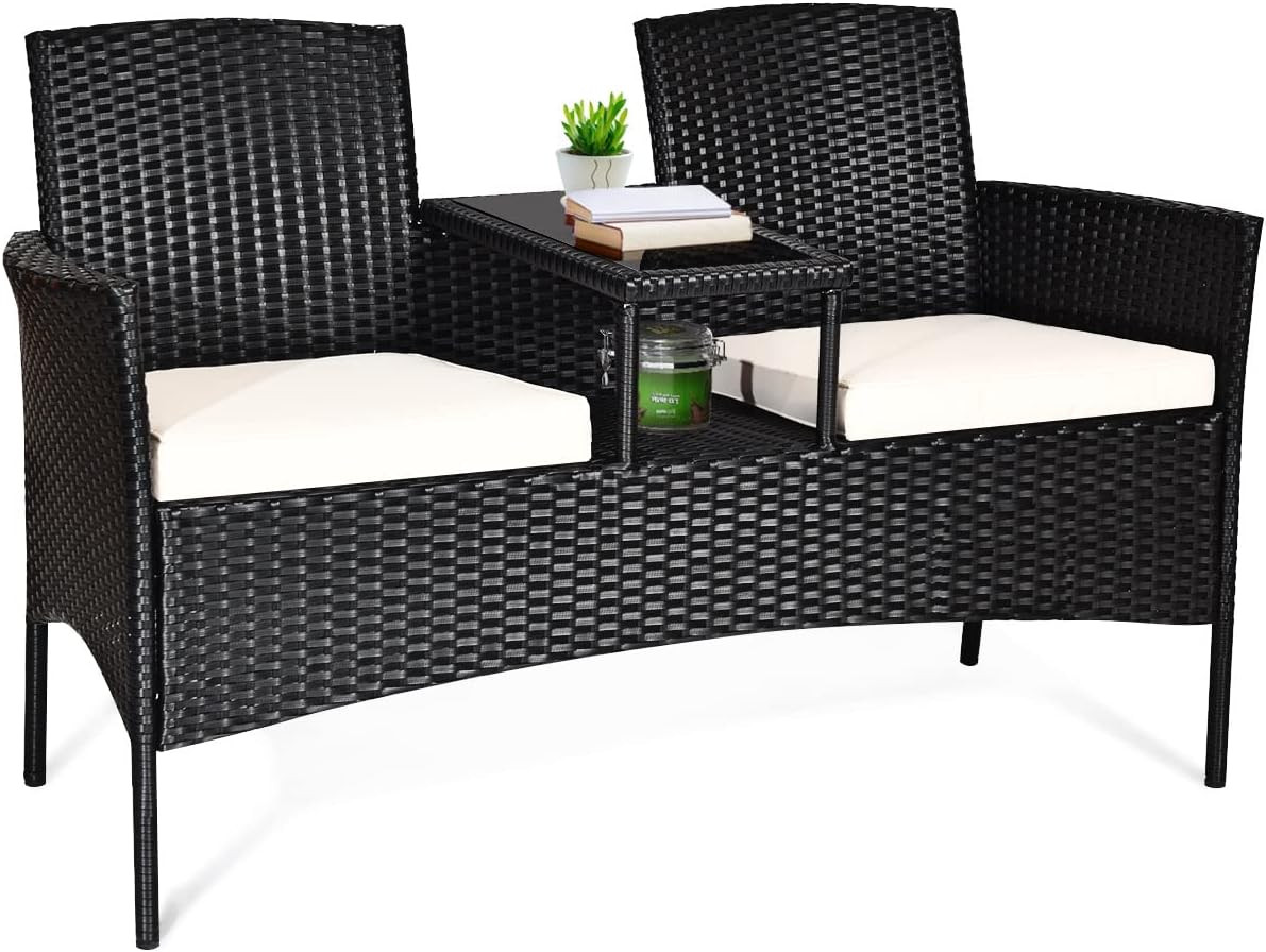 HAPPYGRILL Rattan Wicker Loveseat with Coffee Table Outdoor Patio Loveseat Conve