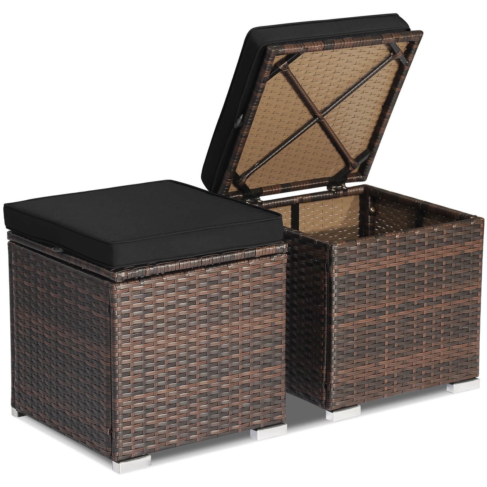 2PCS Patio Rattan Ottomans Seat Side Table Storage Box Footstool W/Cushion Black
